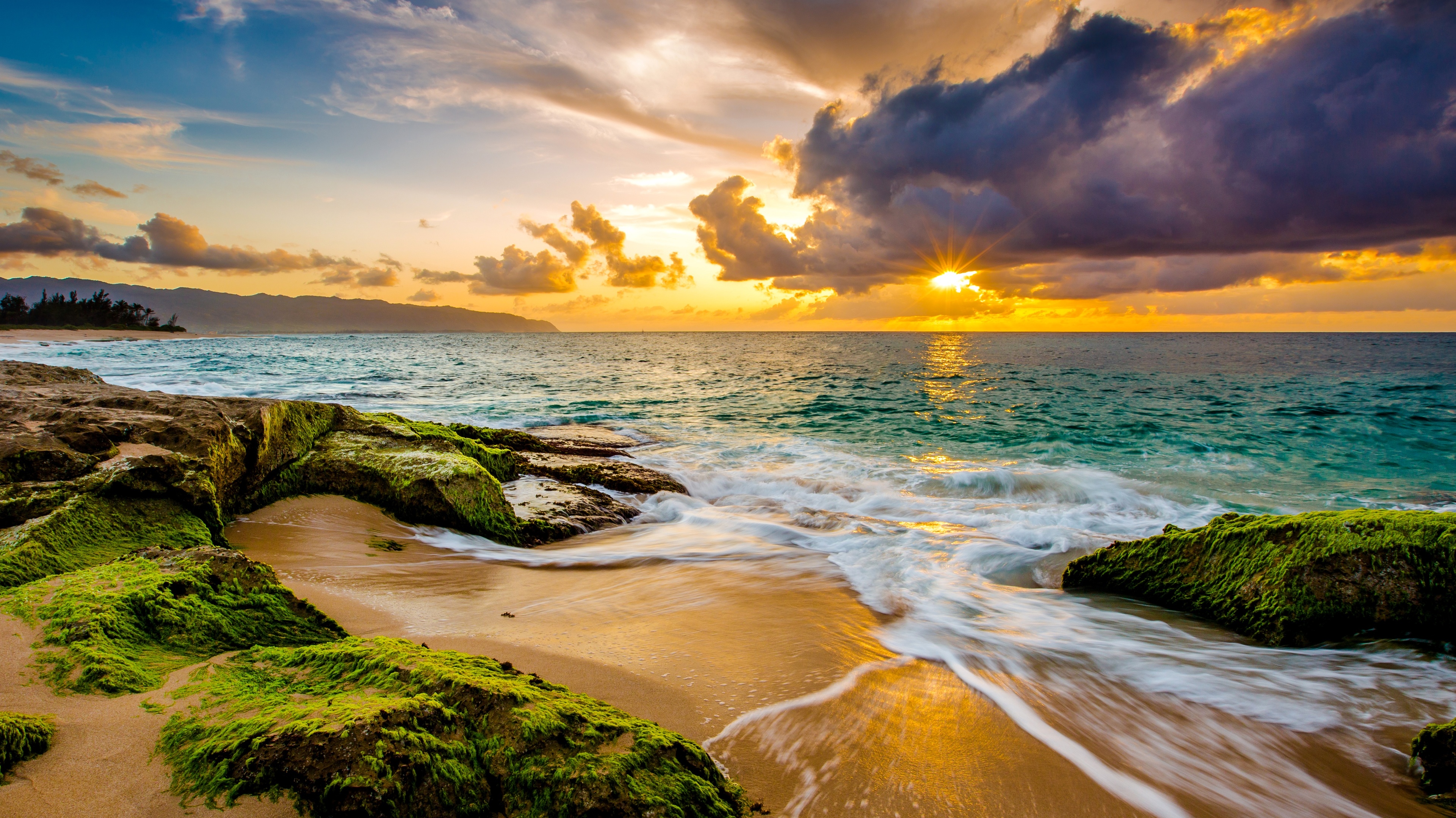 coast, sea, sunbeam, earth, sunset, hawaii, horizon, ocean, sun HD wallpaper