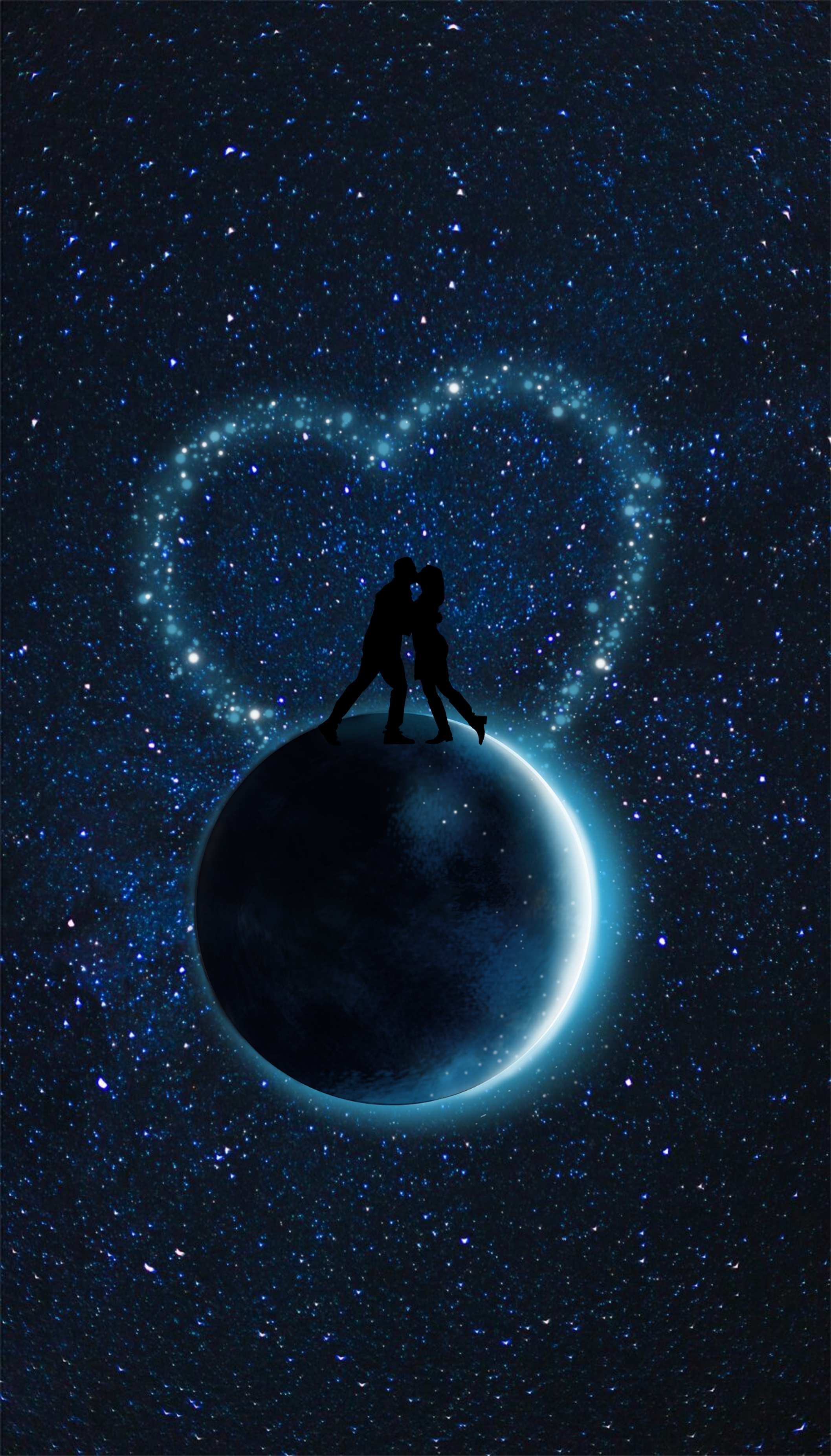 couple, love, pair, vector, silhouettes, starry sky, planet 4K Ultra