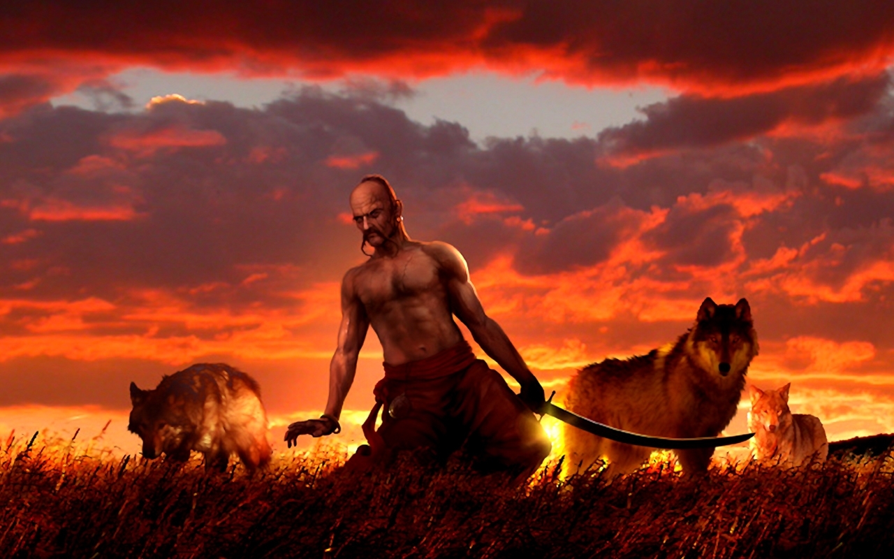 people, wolfs, sky, art, men, cossacks, red cell phone wallpapers