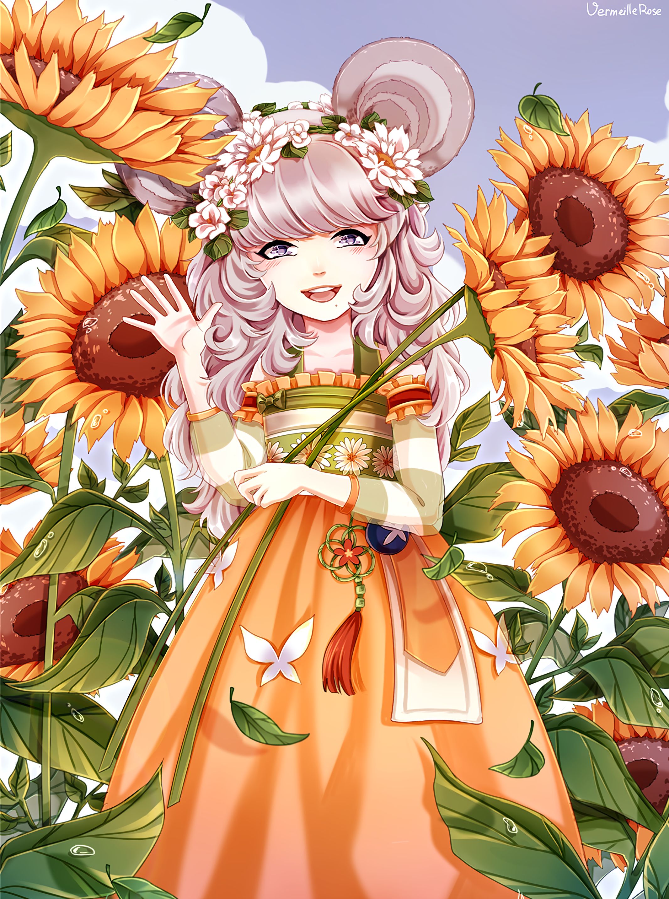 Aesthetic wallpaper art, anime, sunflowers, girl
