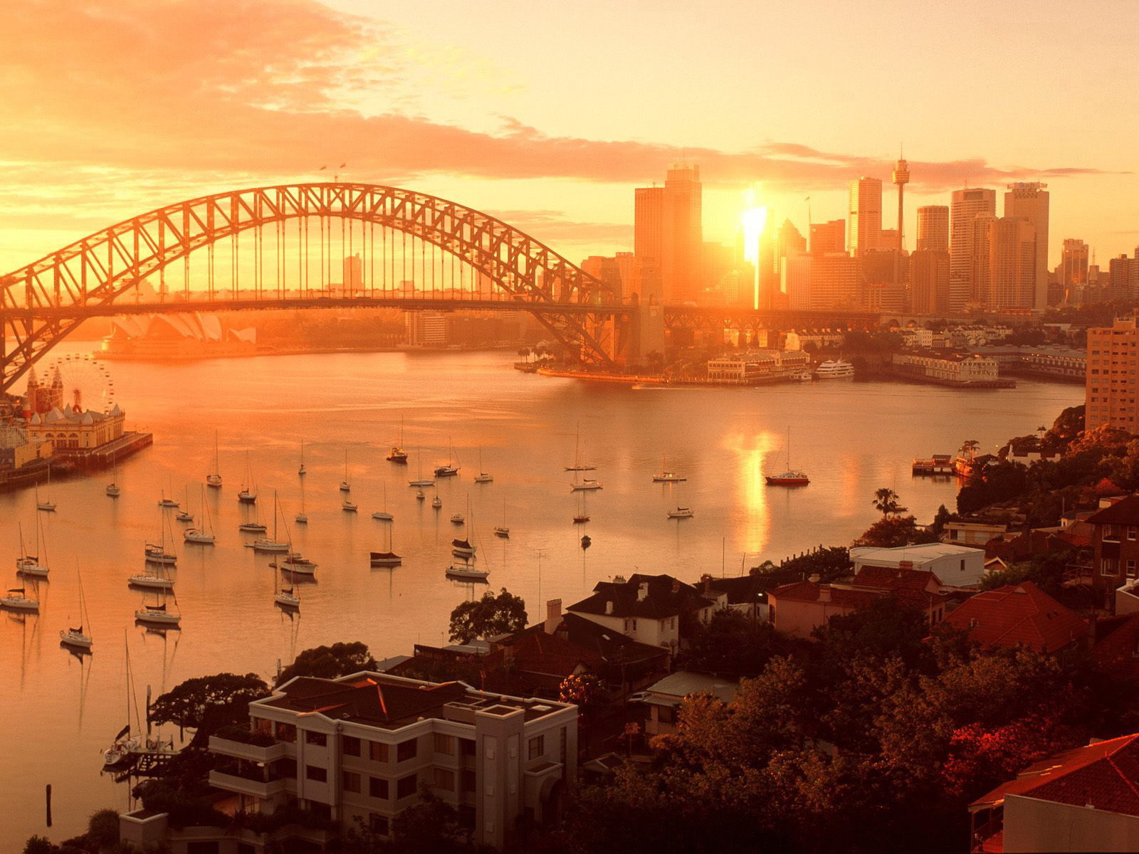 Handy-Wallpaper Landschaft, Städte, Bridges, Sunset, Boote, Sydney kostenlos herunterladen.