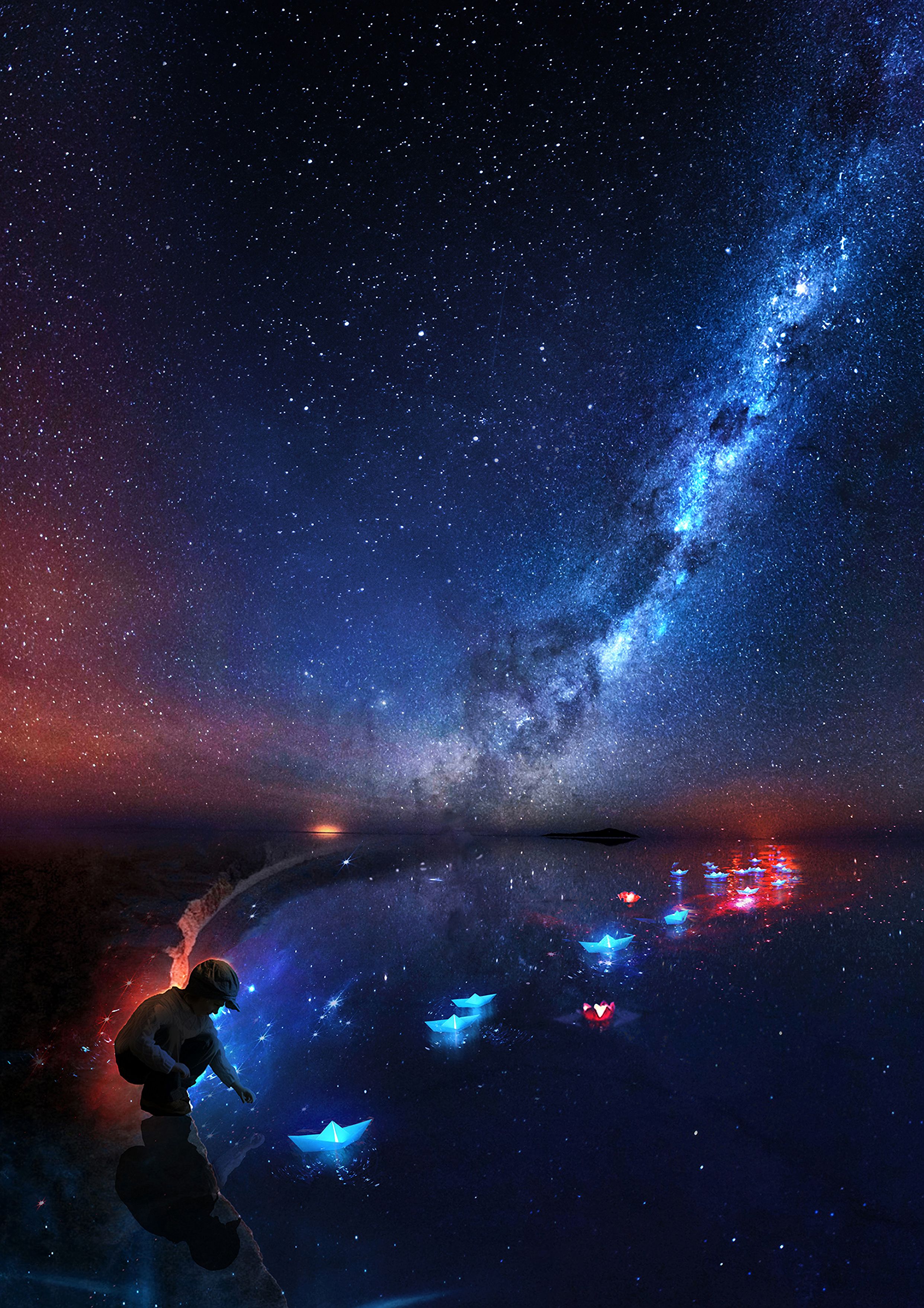 child, boats, art, universe Panoramic Wallpapers