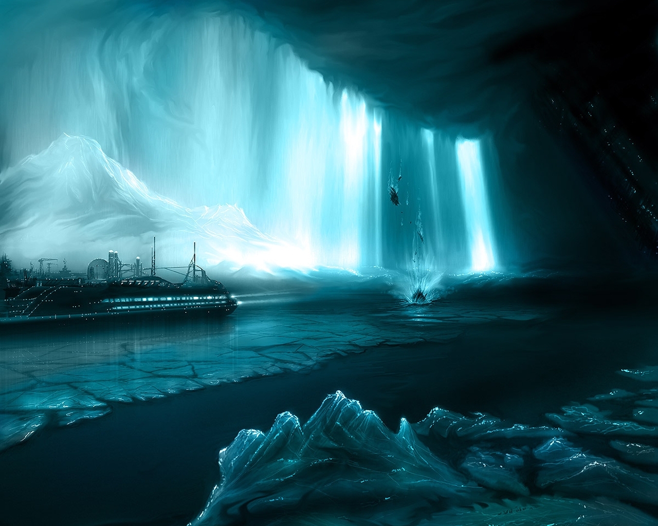 ships, water, fantasy, ice, turquoise QHD