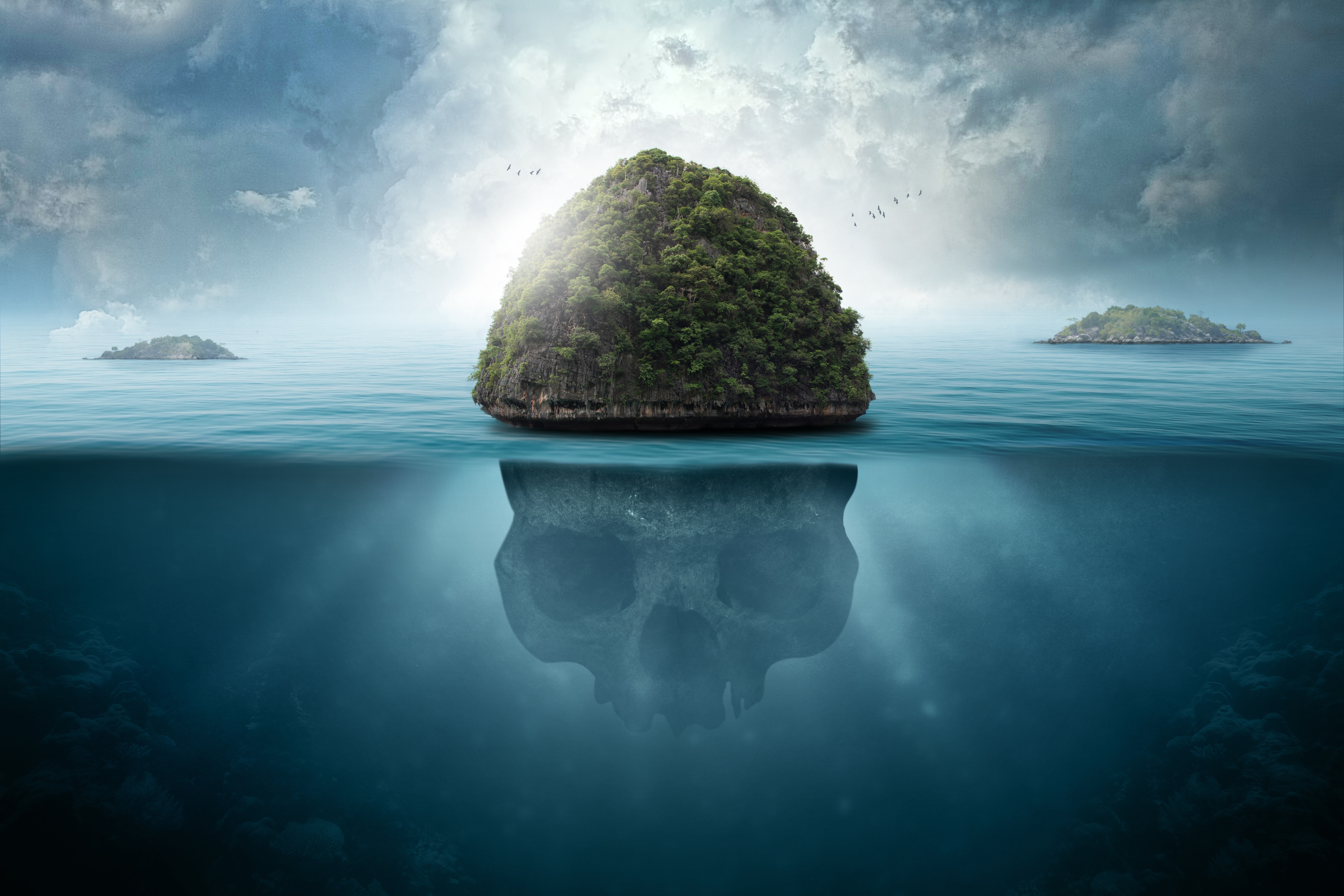 android submarine, nature, island, underwater, skull, mysteries, secrets