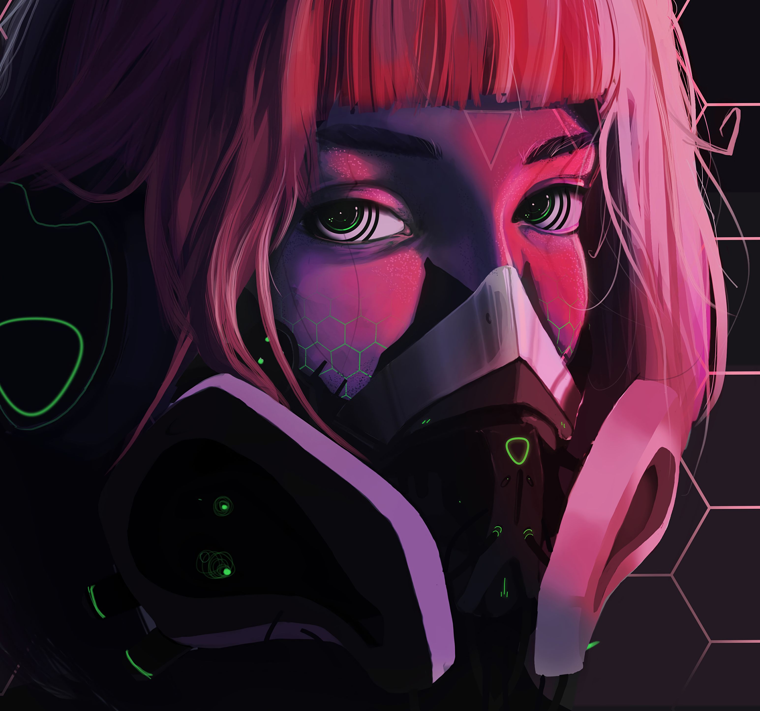 107048 download wallpaper cyberpunk, art, eyes, girl, mask, face, respirator screensavers and pictures for free
