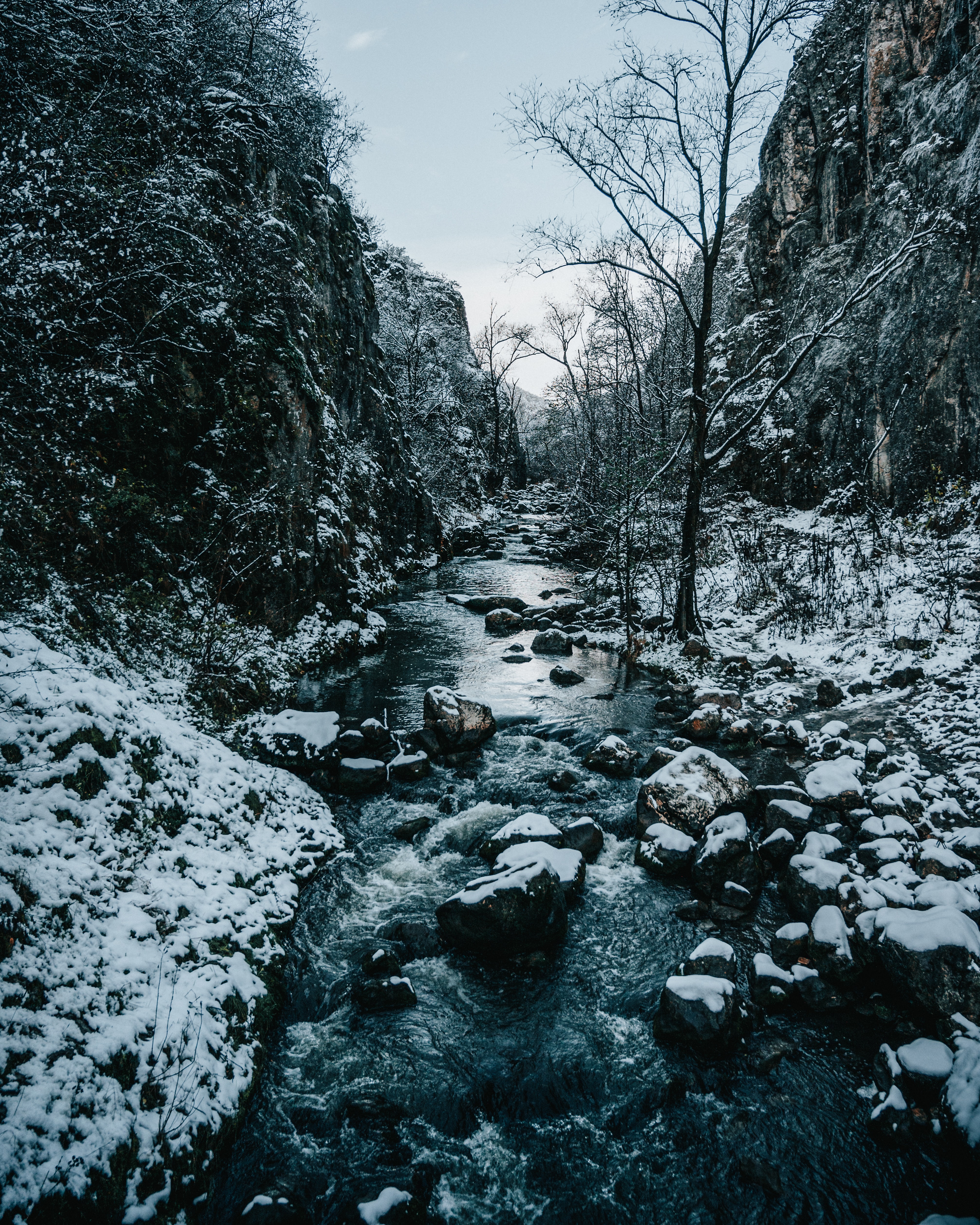 snow, winter, nature, rivers, stones, rocks 4K