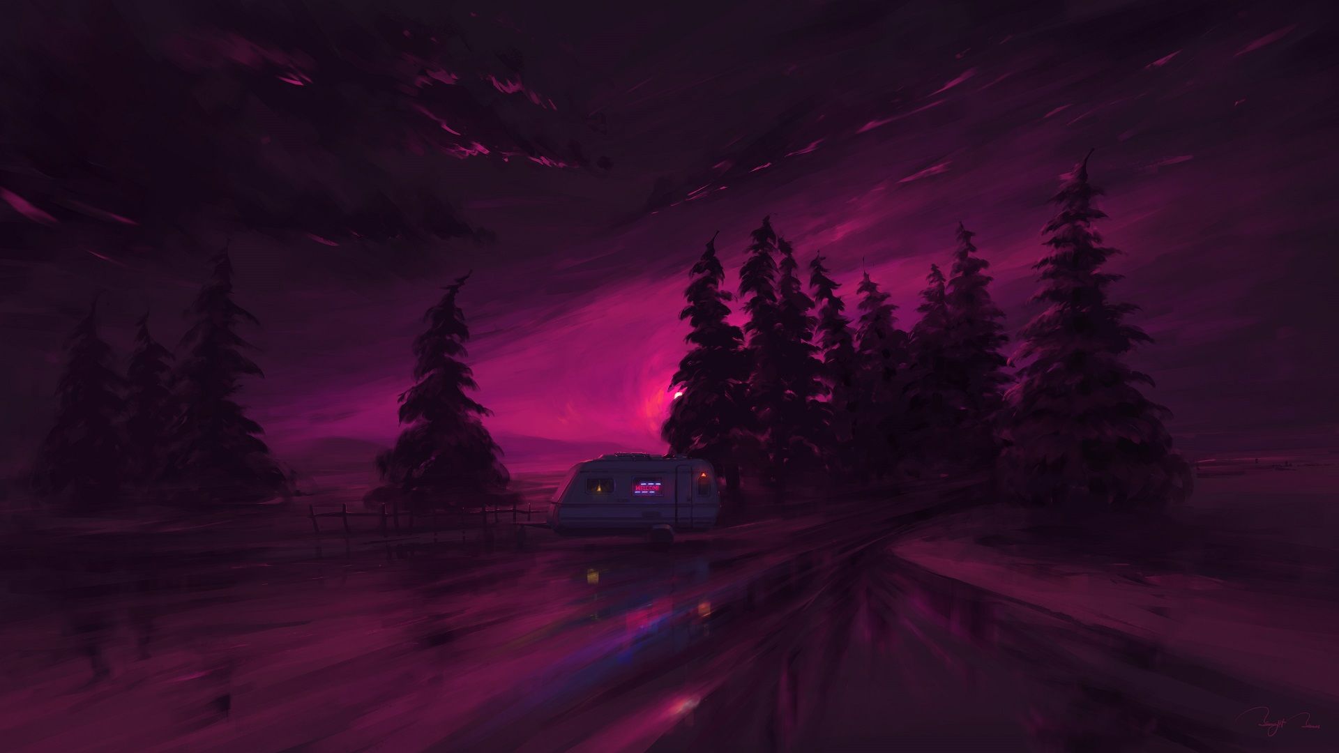 artistic, night, purple, sky, van 1080p