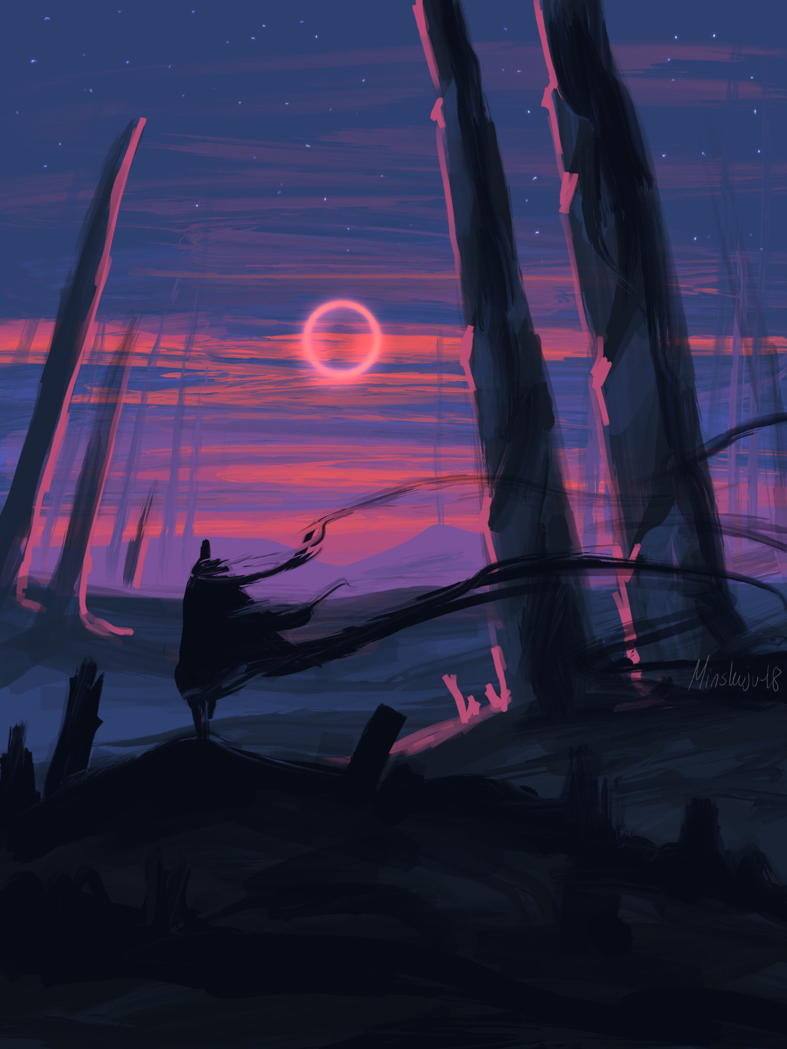 art, silhouette, trees, sunset, moon, lines 5K