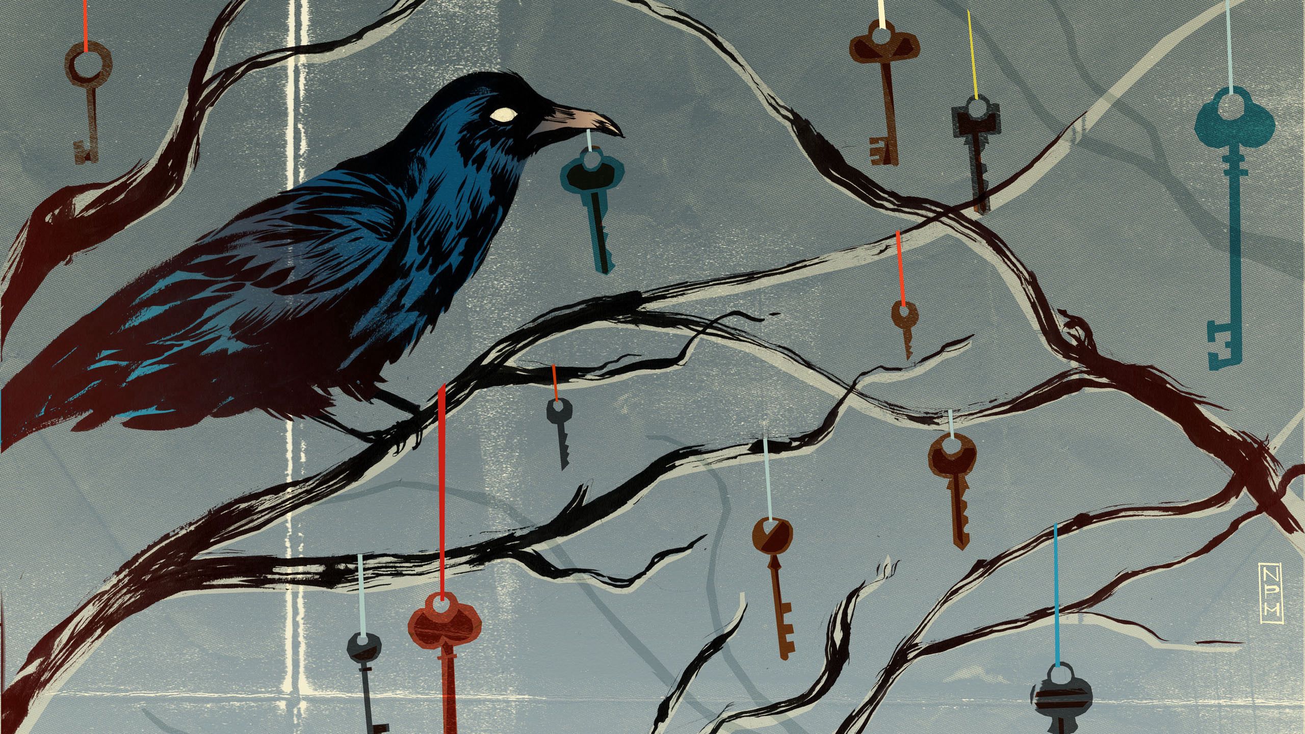 raven, keys, art, branch