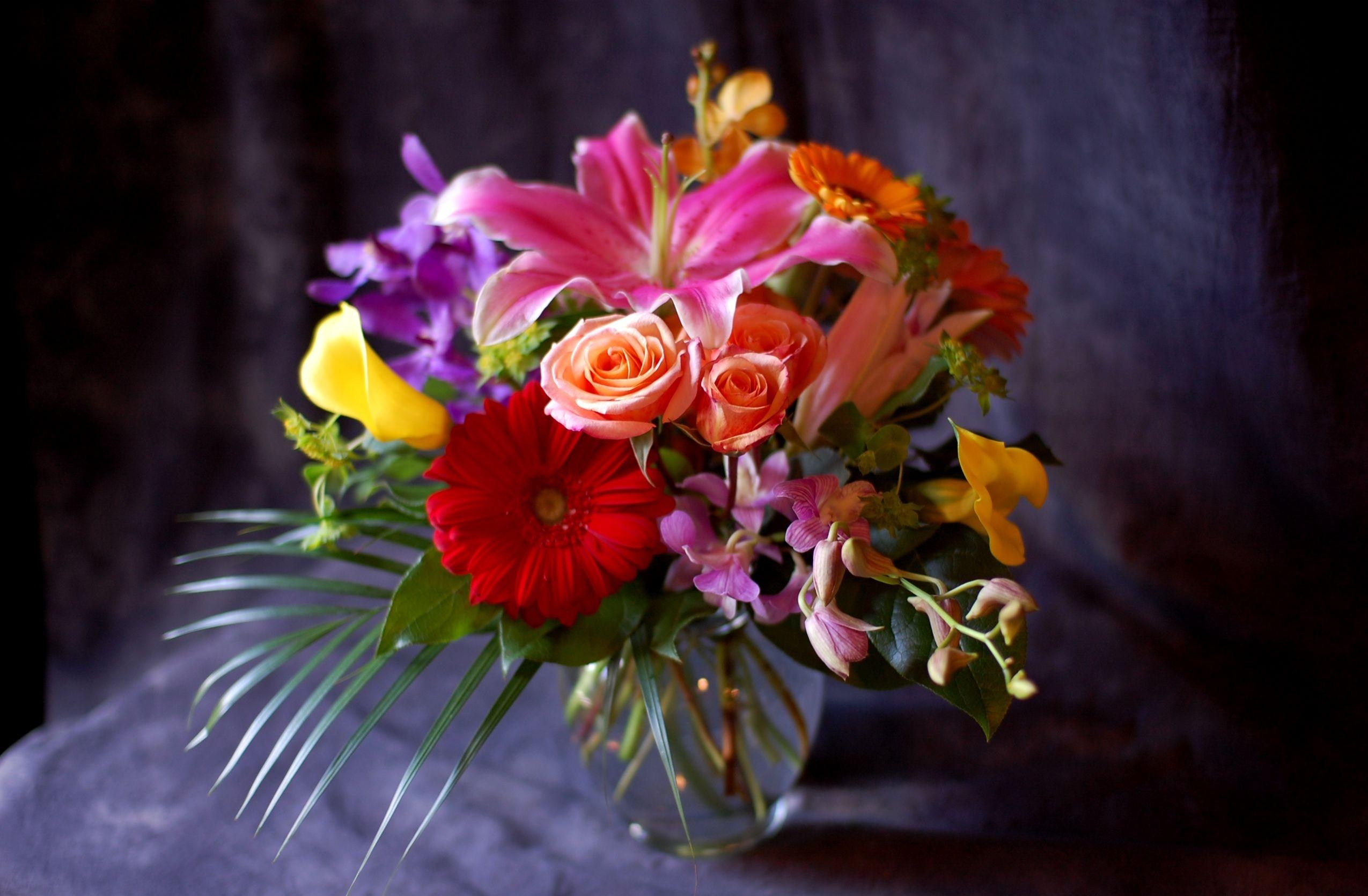 rose, composition, flowers, rose flower, bouquet, vase, calla, lily, callas, gerbera, orchid 5K