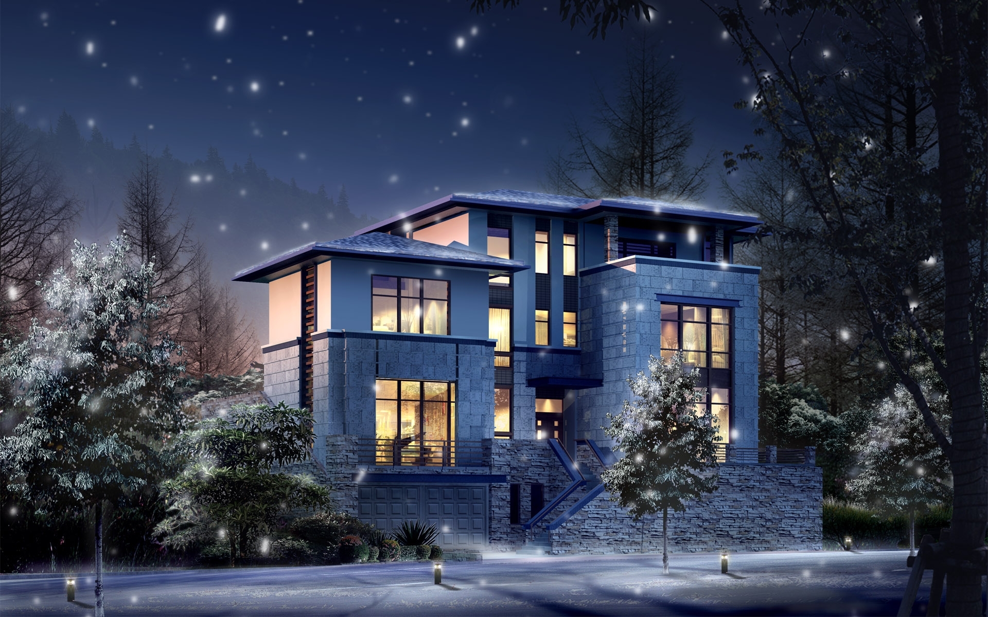 houses, landscape, winter, night, architecture, snow, blue