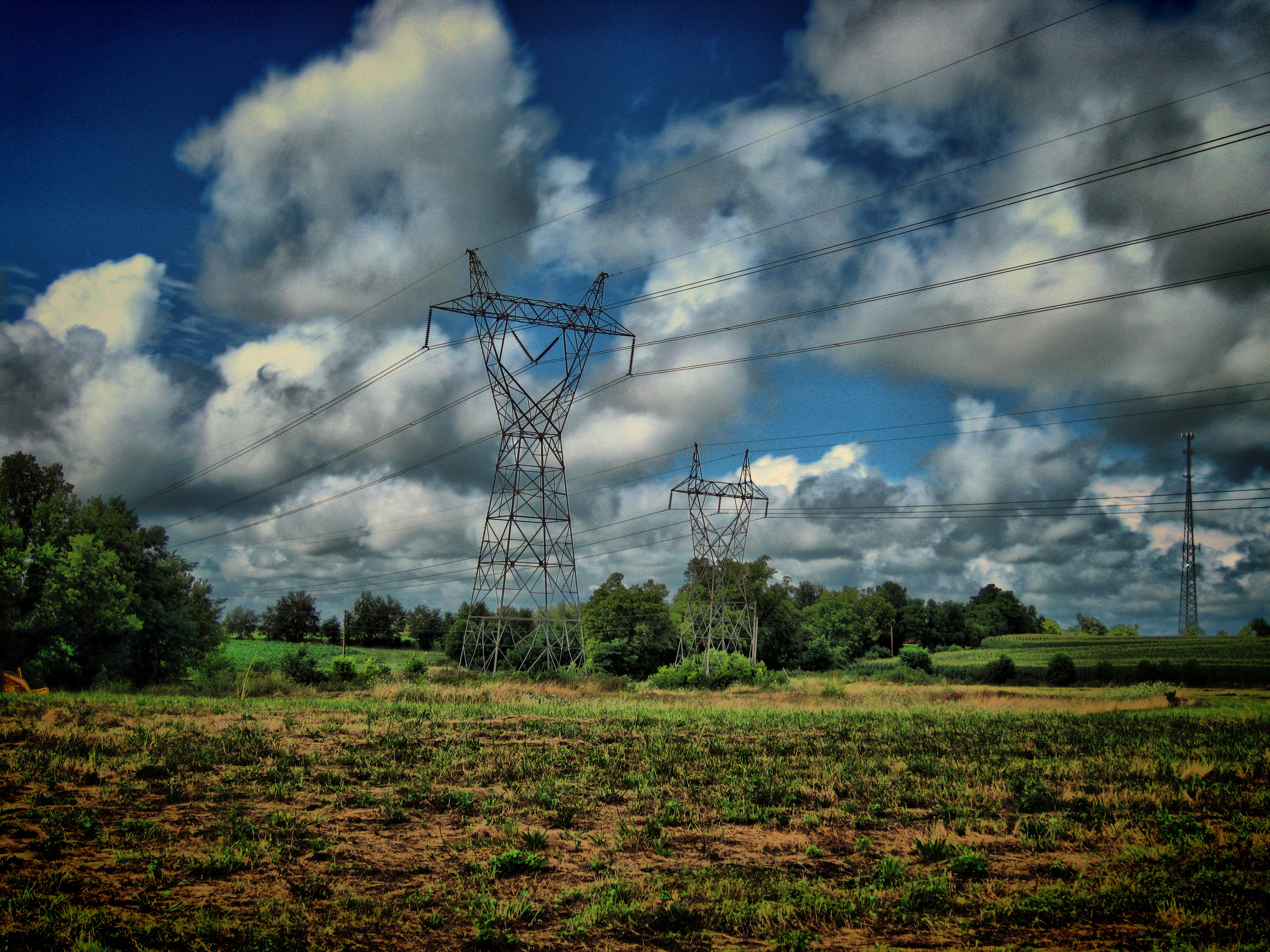landscape, nature, clouds, field, pillars, posts, wires, wire images
