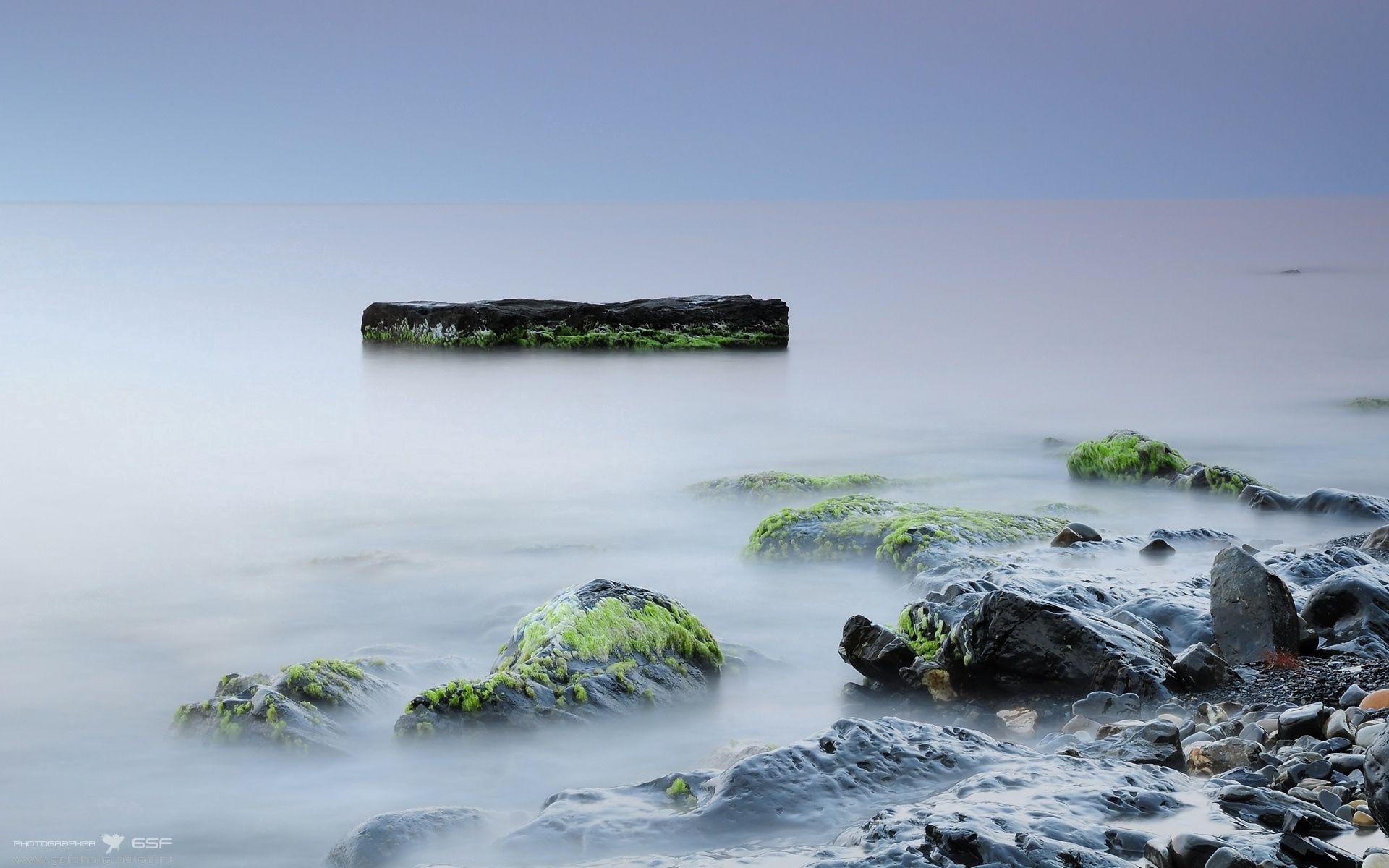 wet, nature, stones, rocks, bank, shore, fog, smooth, surface, silence, moss, shroud, lump, signature Phone Background