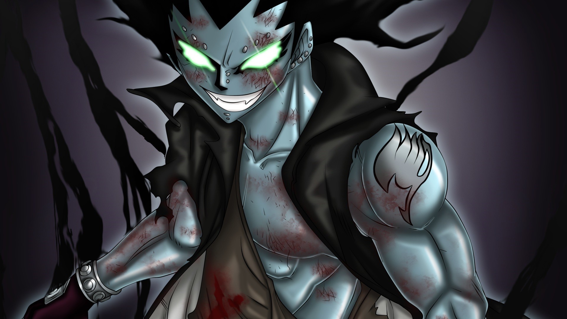 anime, black hair, glow, smile, glowing eyes, fairy tail, gajeel redfox, shadow, steel for android