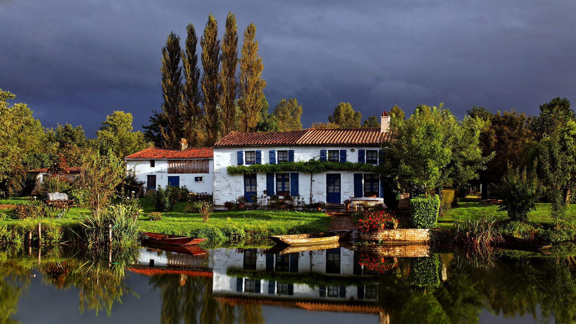 sky, photography, bush, water, old, grass, garden, mansion, house, lake, building, tree, boat, reflection, man made, landscape