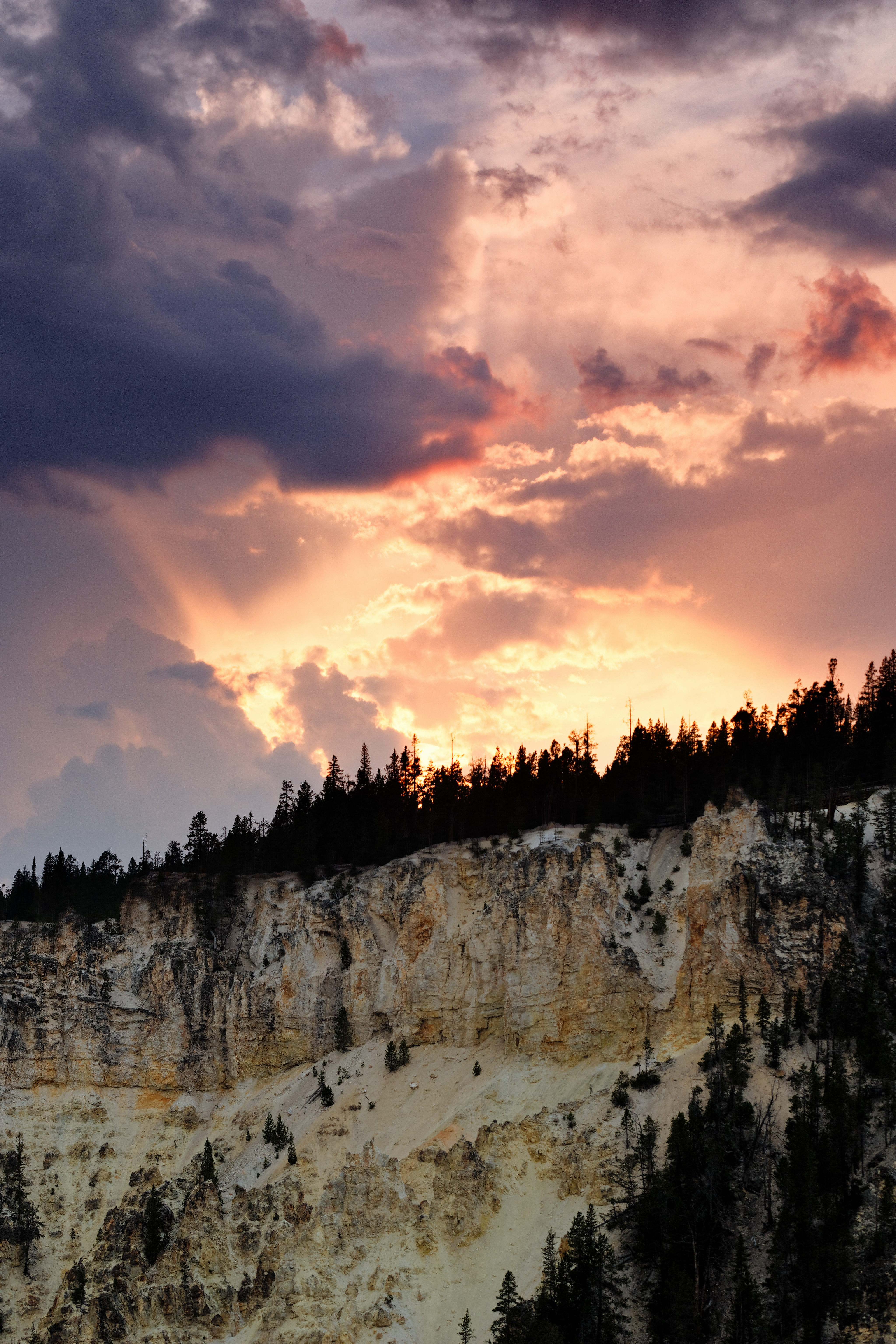 rocks, nature, trees, sunset, clouds, slope