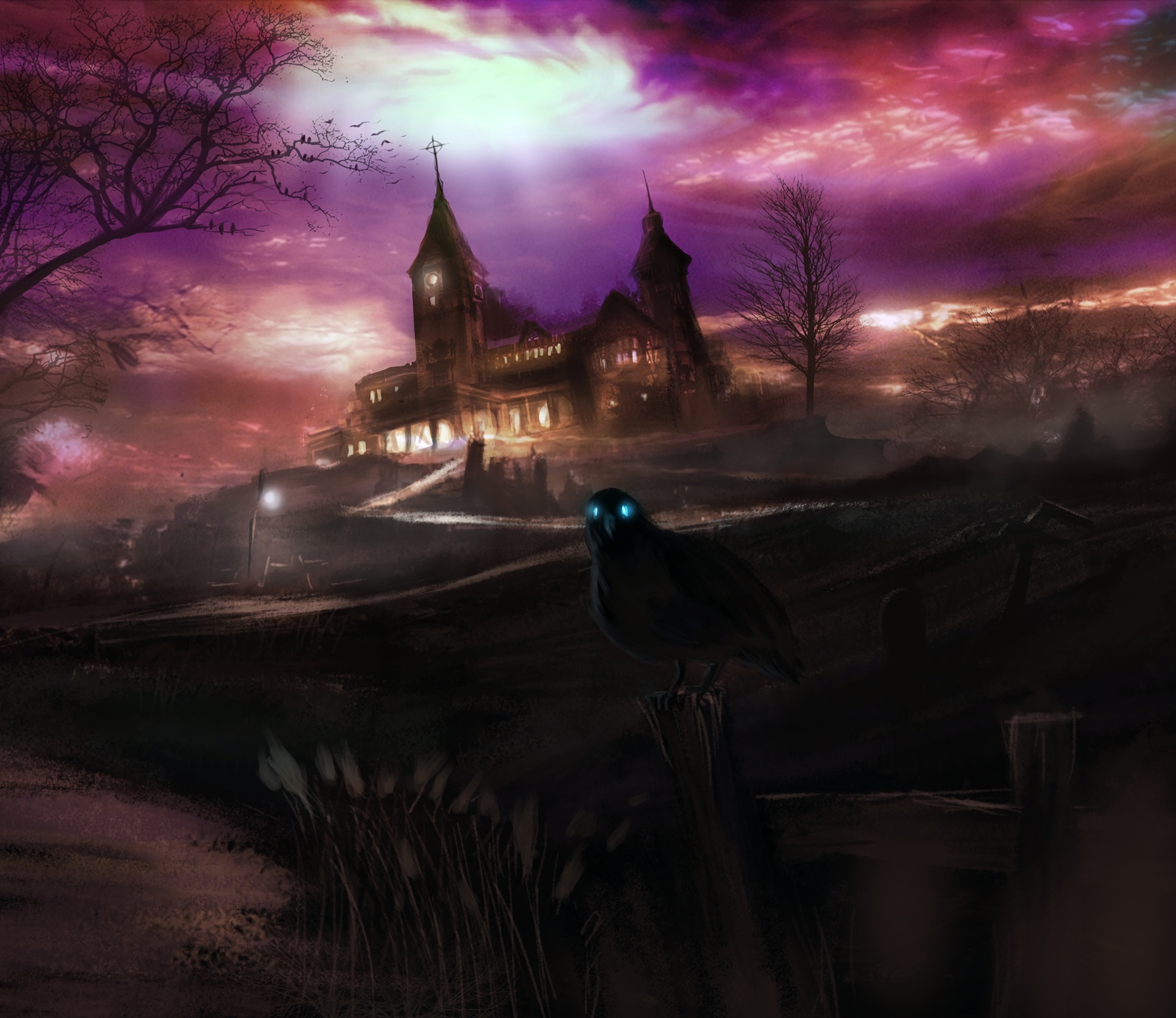 raven, art, dark, house, hill, spooky, eerie 4K