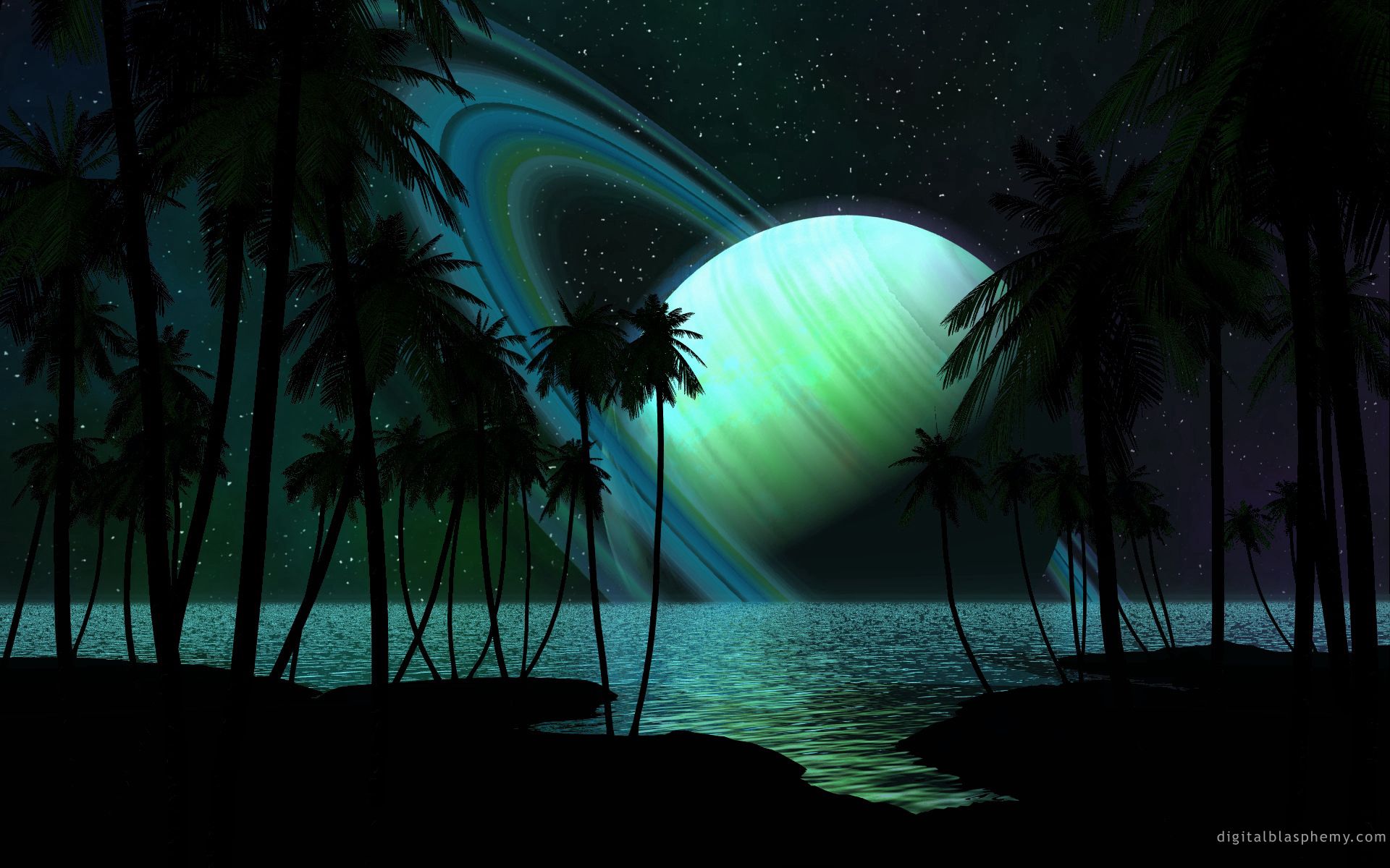 Mobile wallpaper universe, water, palms, darkness, fiction, that's incredible, saturn