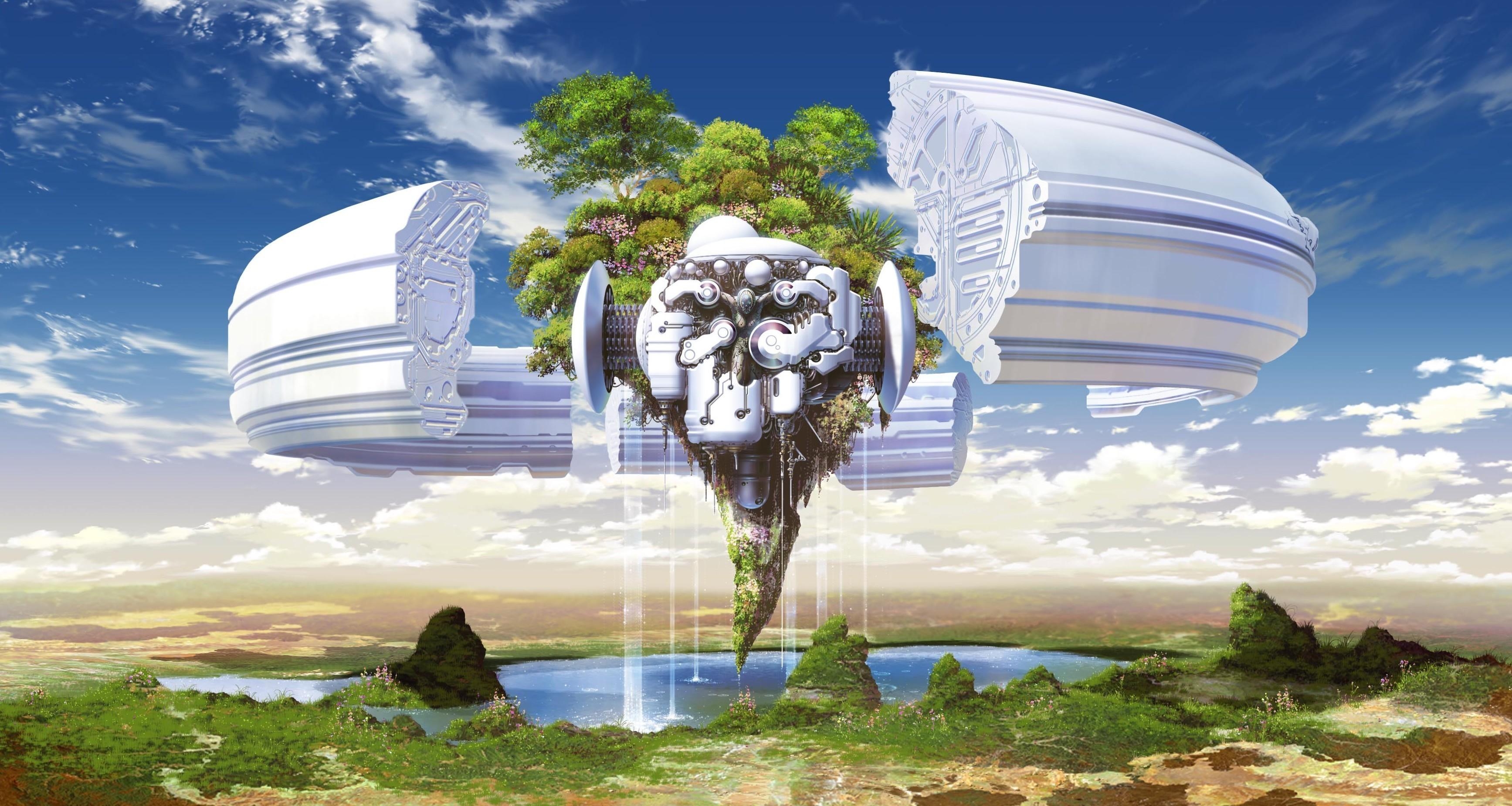 fantasy, mechanism, water, trees, sky, land, earth, weightlessness, piece