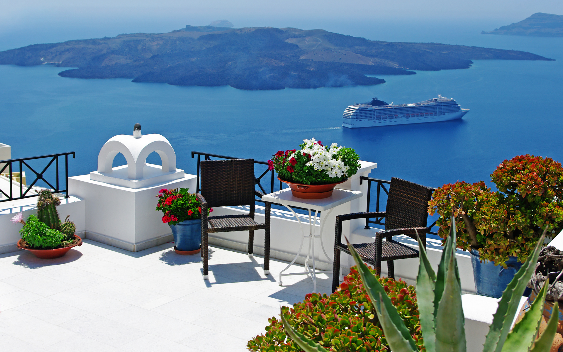 chair, sea, greece, island, photography, scenic, aegean, blue, cyclades, greek, mediterranean, mykonos, relax, roof, santorini, table, volcano