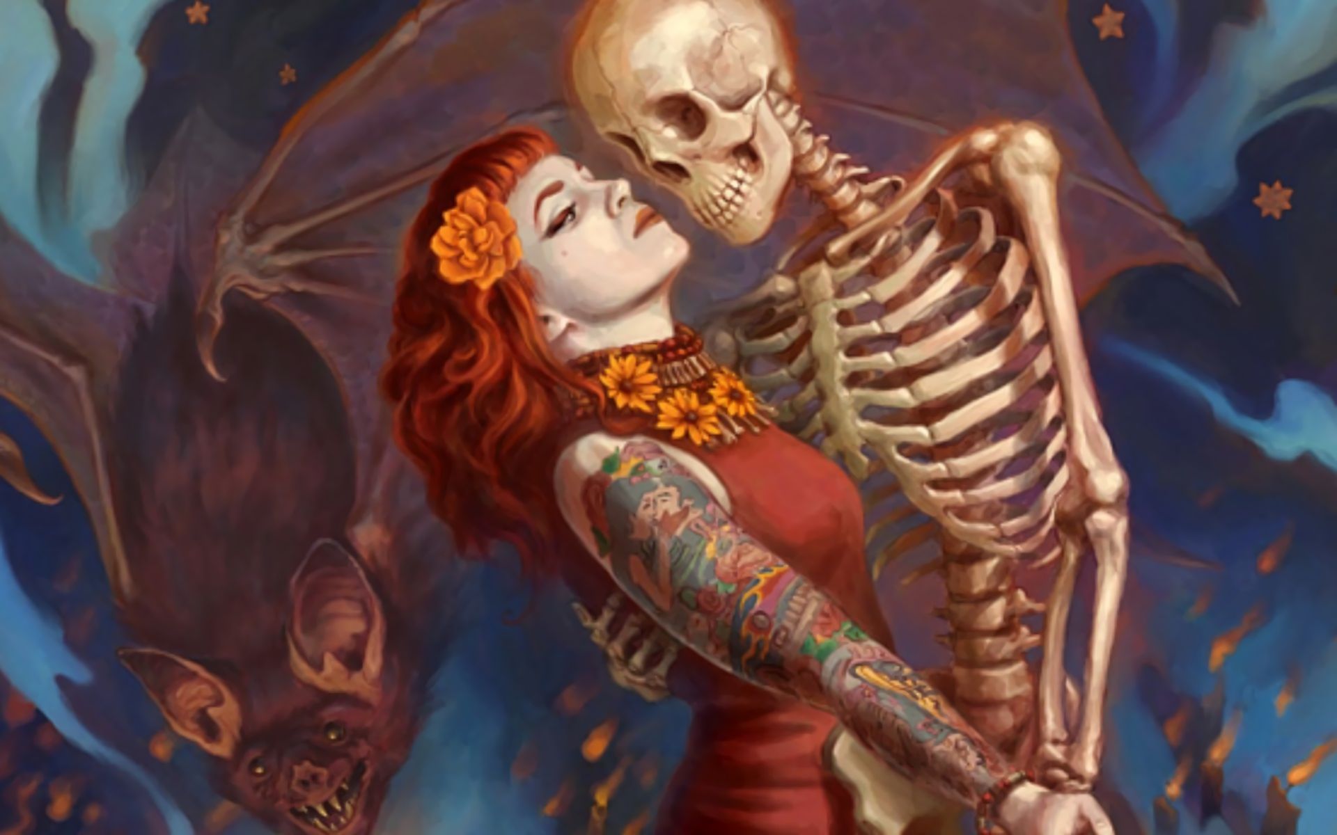 dark, skeleton, dancing, redhead, tattoo