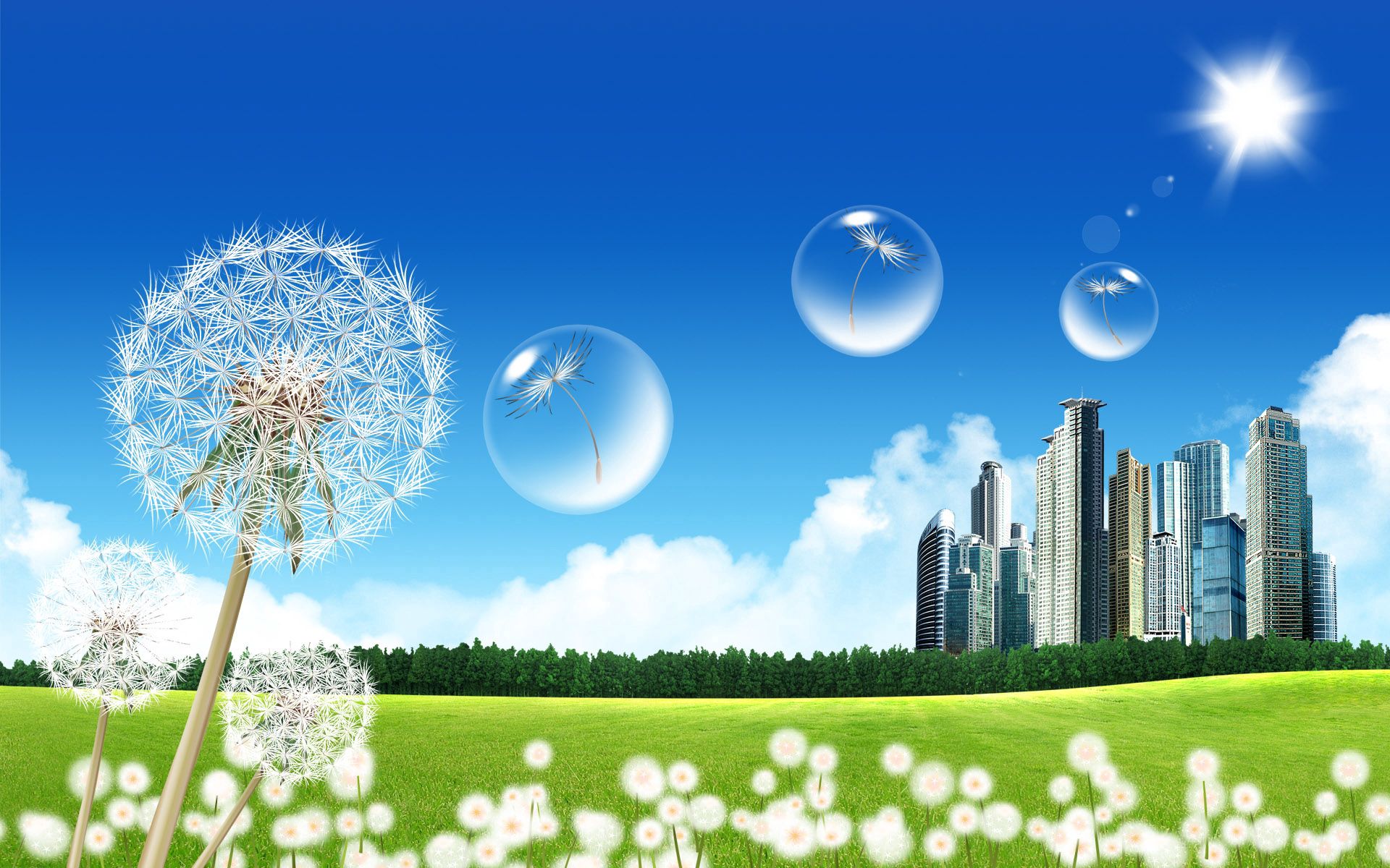 dandelion, vector, bubbles, city, fly images