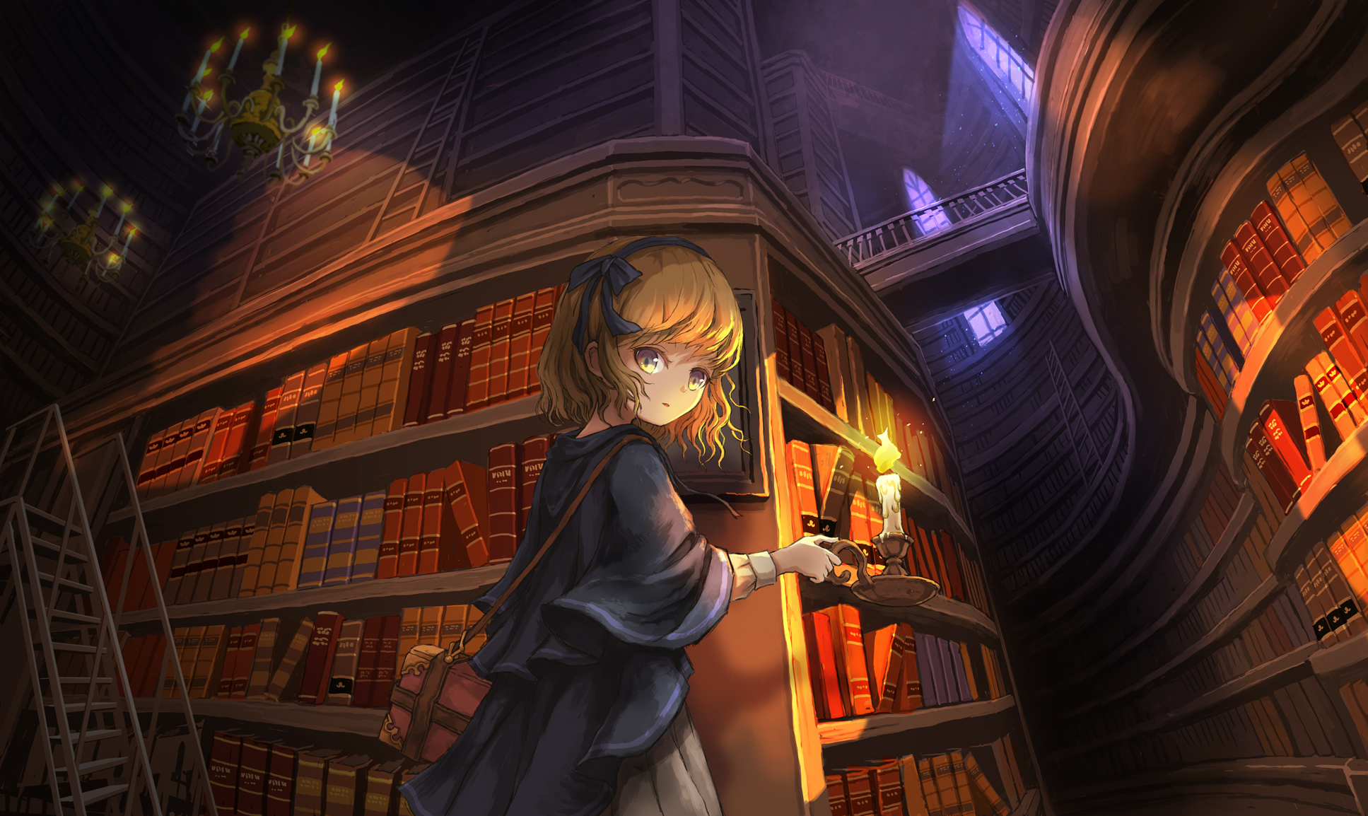 Девушка в замке в библиотеке