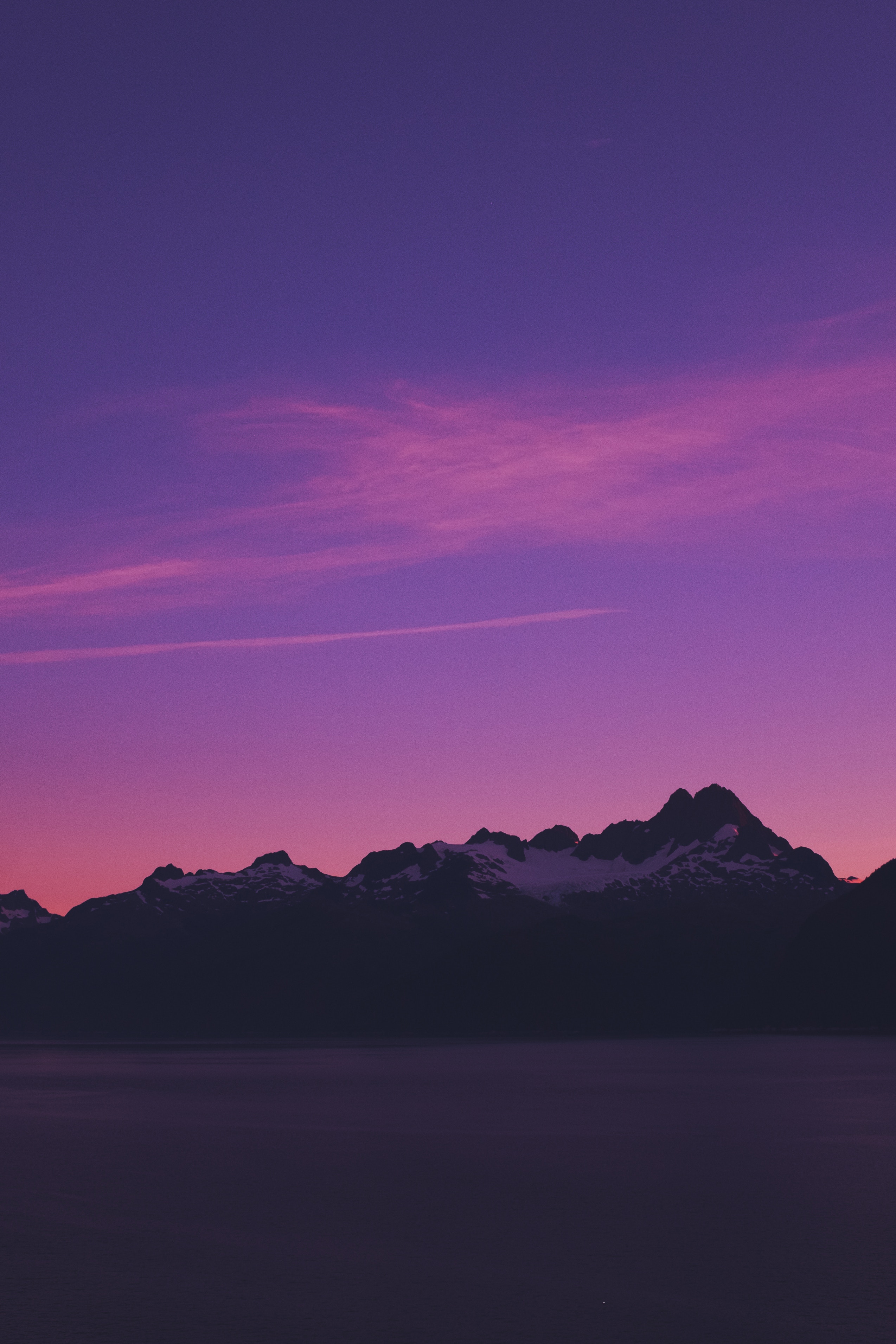 purple, violet, nature, sky, mountains, twilight, dusk, evening, alaska High Definition image