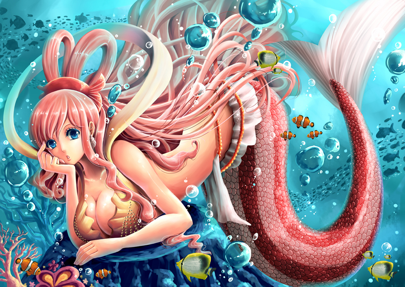 shirahoshi (one piece), one piece, anime, blue eyes, bubble, earrings, fish, long hair, mermaid, pink hair, underwater