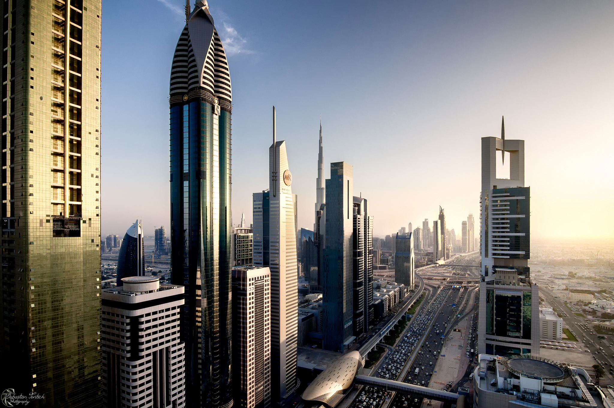 dubai, skyscraper, traffic, cityscape, man made, megapolis, monorail, rose tower, sheikh zayed avenue, united arab emirates, cities