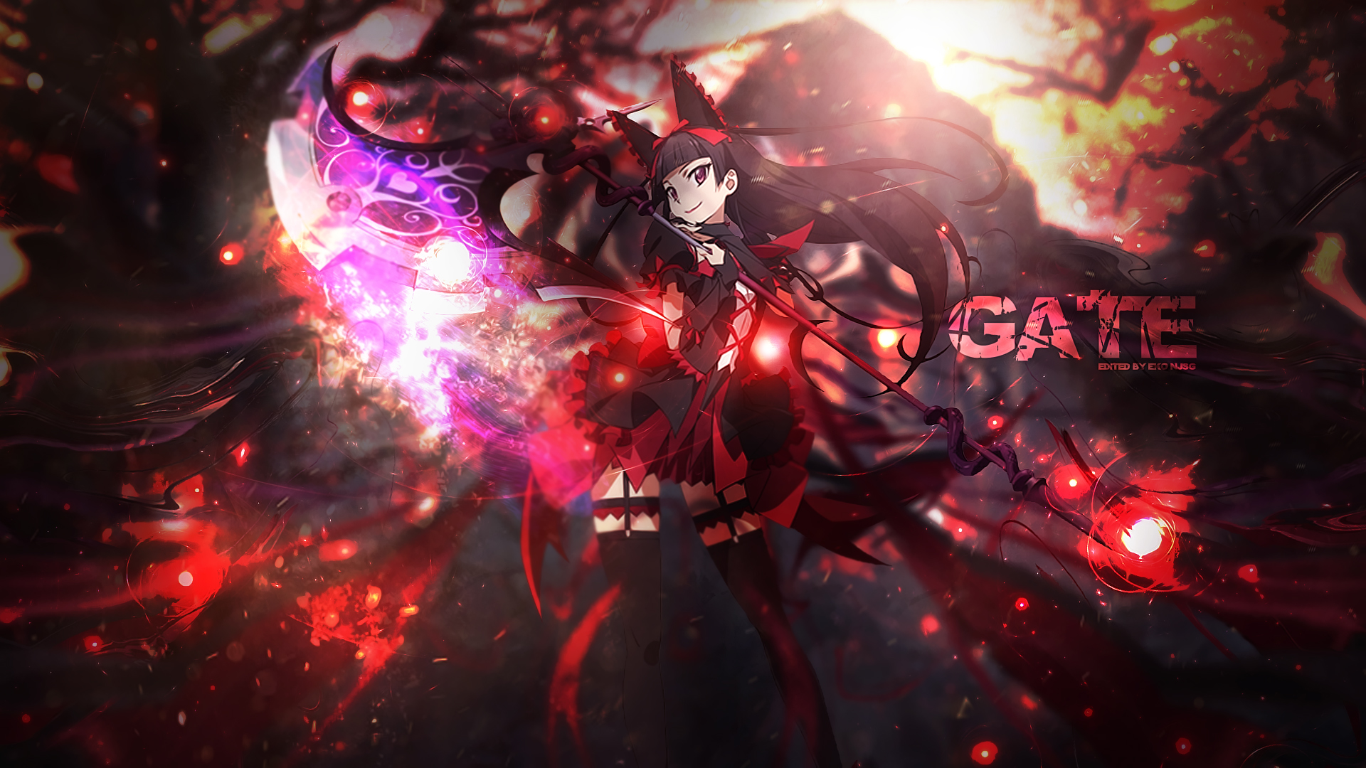 HD wallpaper cat girl, anime, gate, axe, black dress, black hair, dress, long hair, red eyes, rory mercury, weapon