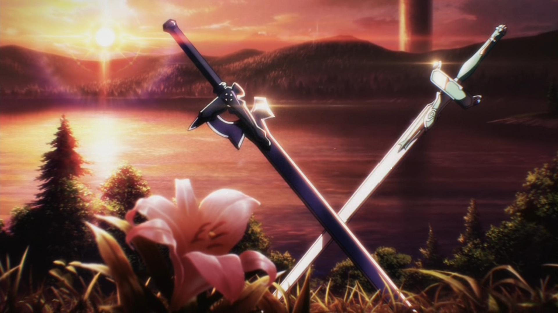 lake, sunset, flower, sword art online, sword, anime cellphone