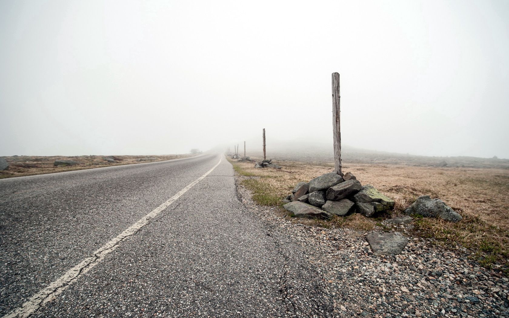 road, nature, stones, fog, asphalt, pointers, pillars, posts, band, stripe