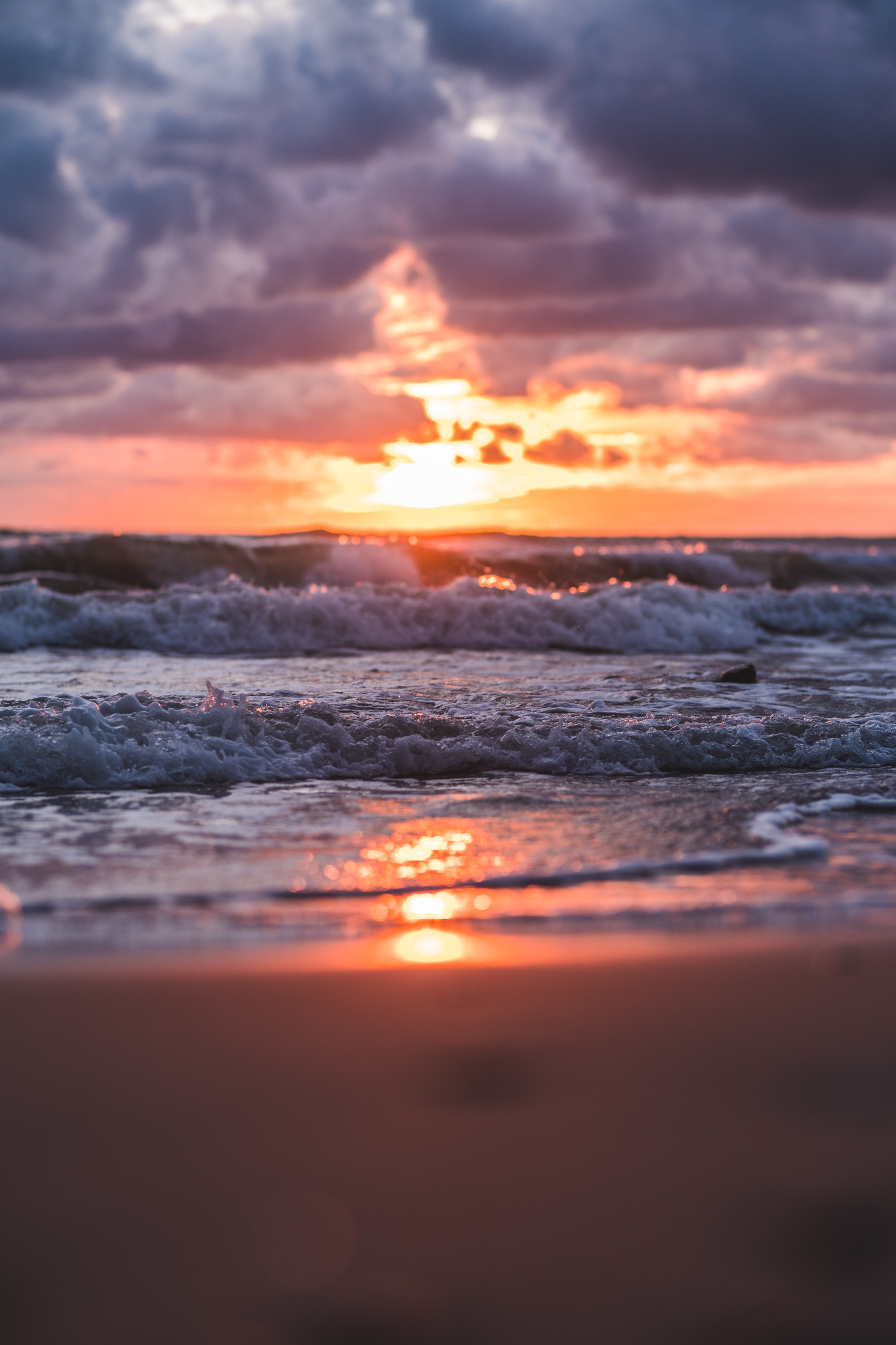 sea, clouds, beach, nature, sunset, sun, waves phone background