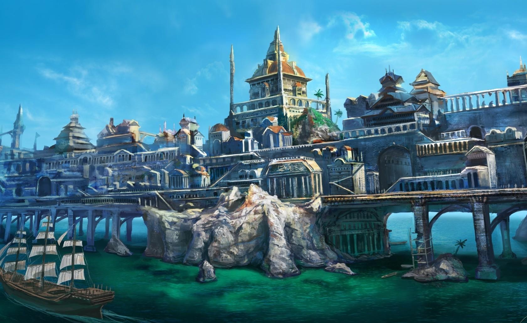 sea, bridge, city, fantasy Panoramic Wallpapers