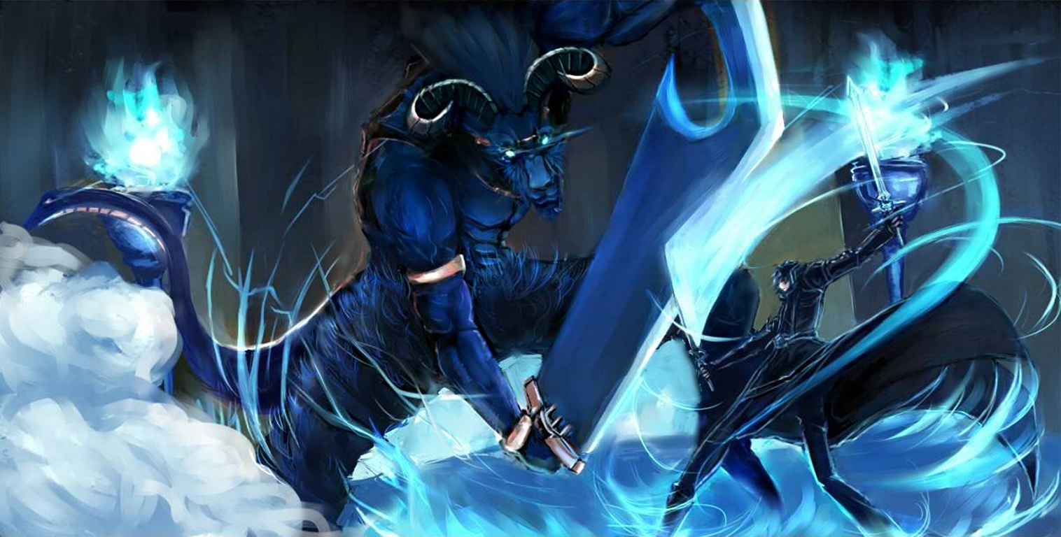 sword art online, anime, coat, glowing eyes, horns, kirito (sword art online), sword, tail, the gleam eyes, weapon