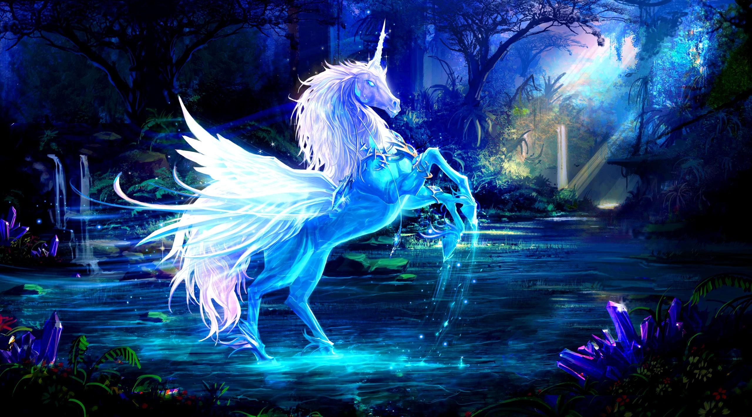 Download mobile wallpaper Forest, Water, Magic, Fantasy, Night, Unicorn for free.