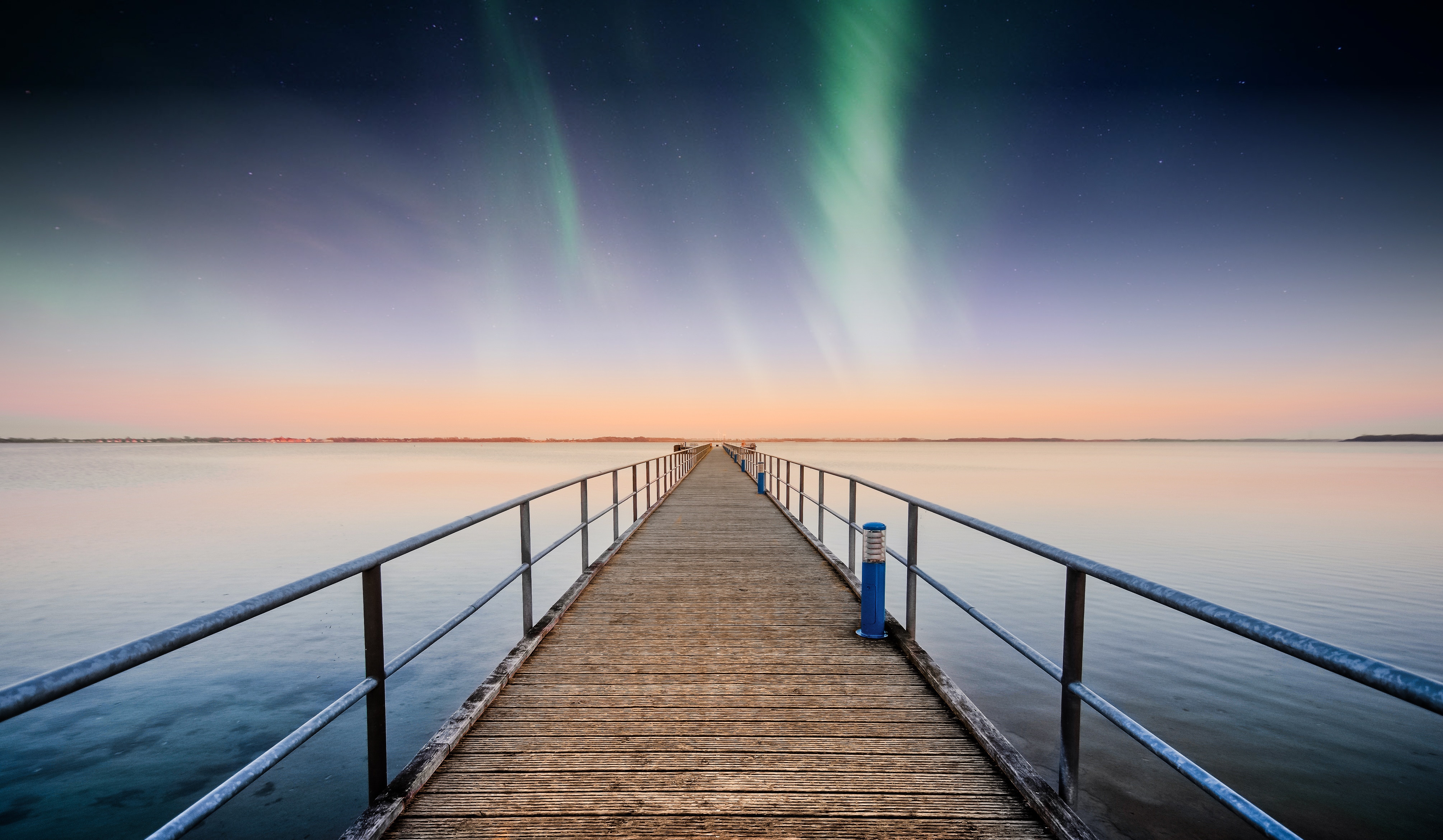 aurora borealis, nature, sky, stars, horizon, pier, northern lights HD wallpaper