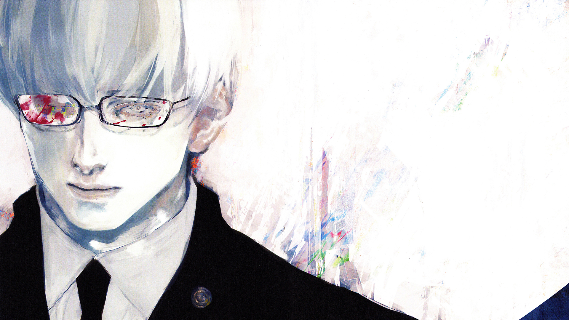 anime, tokyo ghoul, blood, glasses, kishou arima, tokyo ghoul √a, tokyo ghoul:re, white eyes, white hair