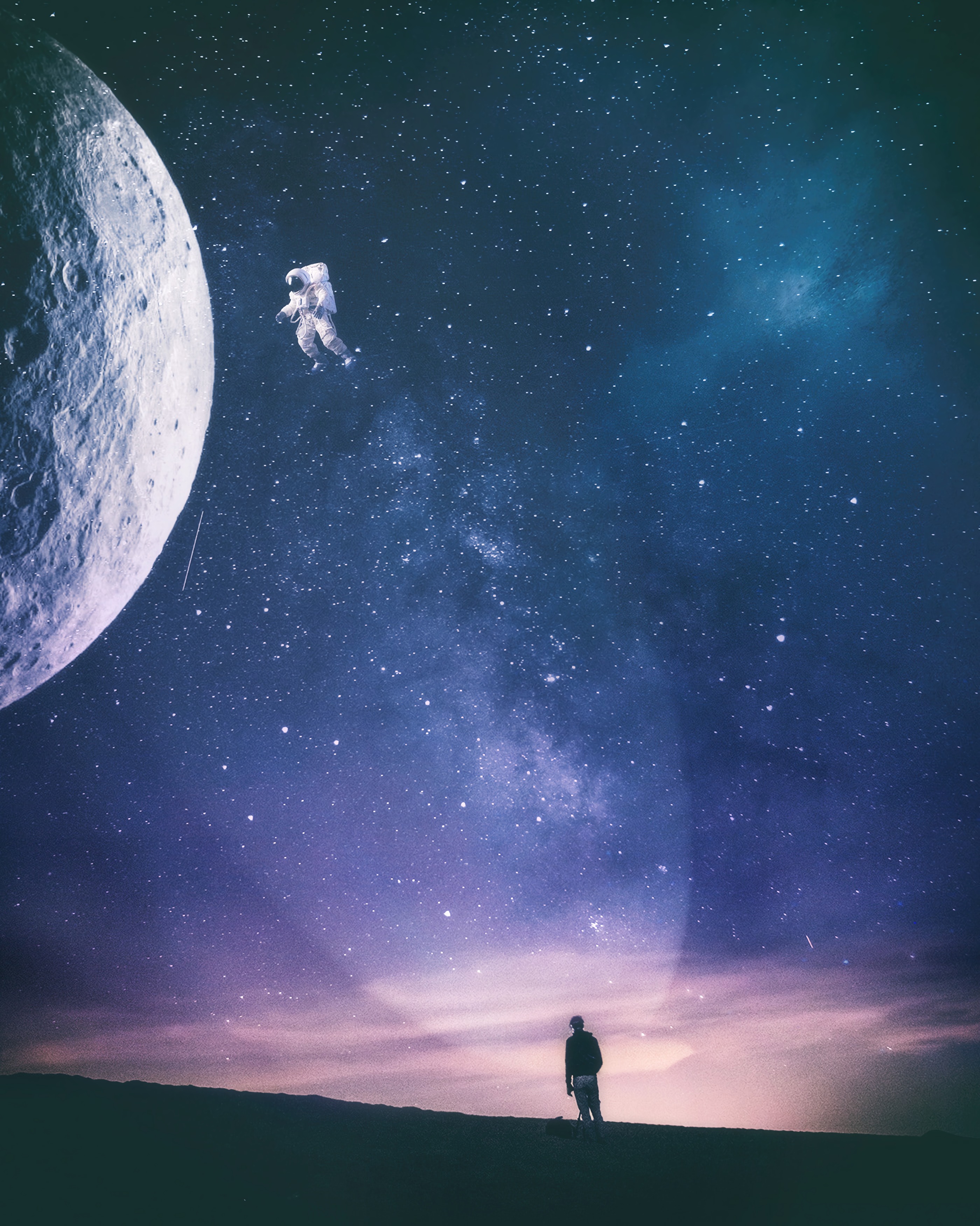 astronaut, universe, silhouette, miscellanea, miscellaneous, starry sky, view cell phone wallpapers
