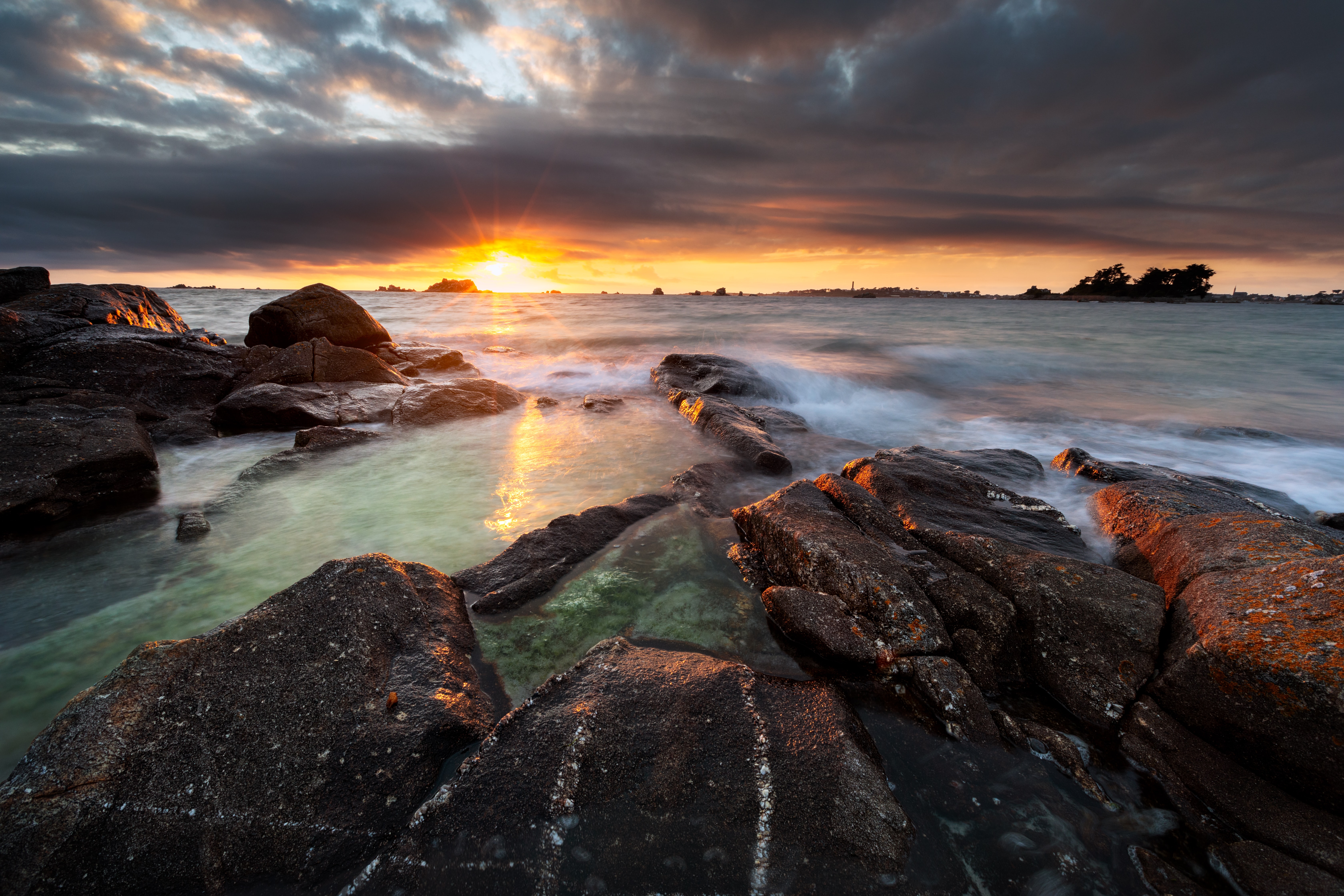 nature, sea, rocks, sunset HD Mobile