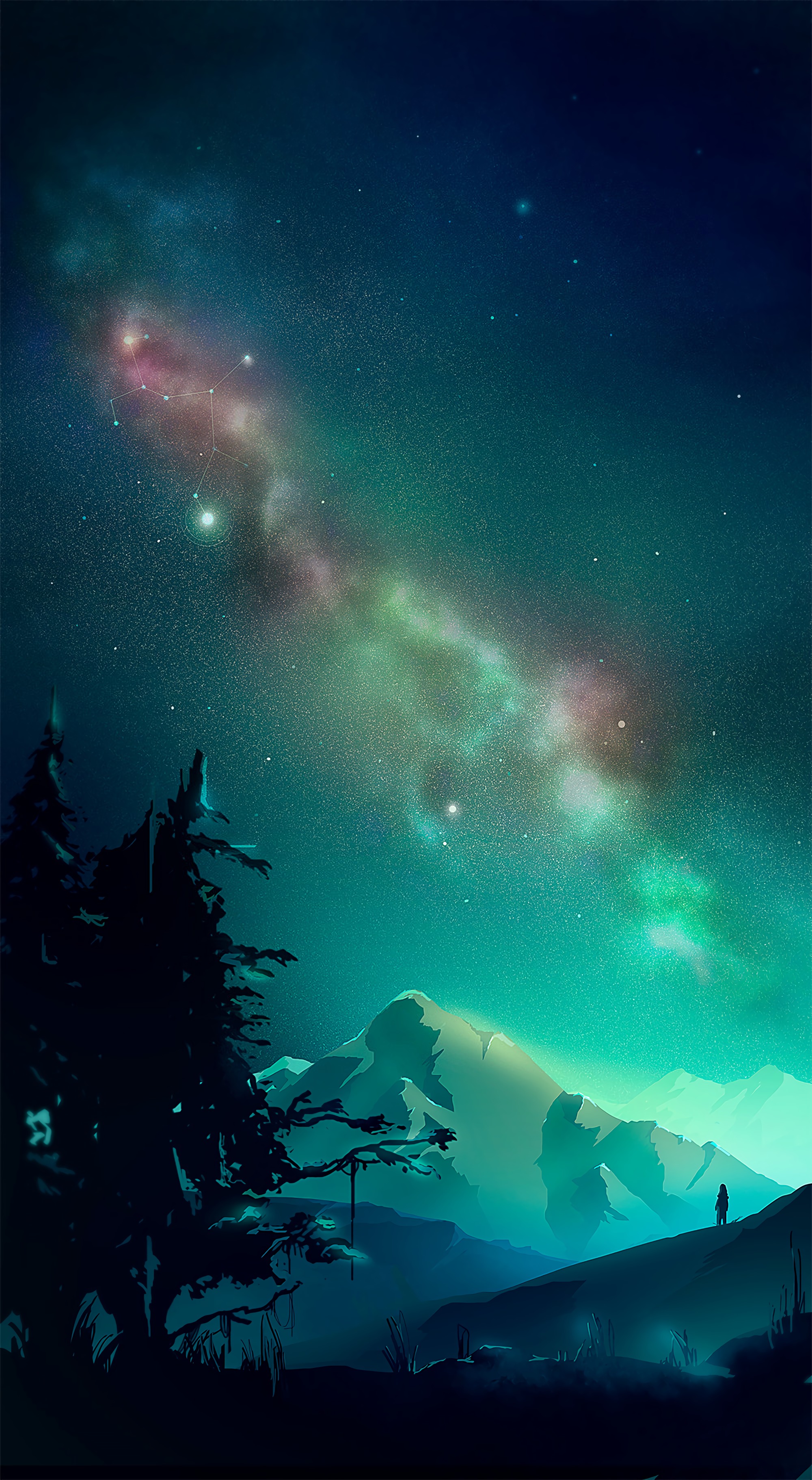 vector, aurora borealis, northern lights, landscape, art, mountains, night cell phone wallpapers
