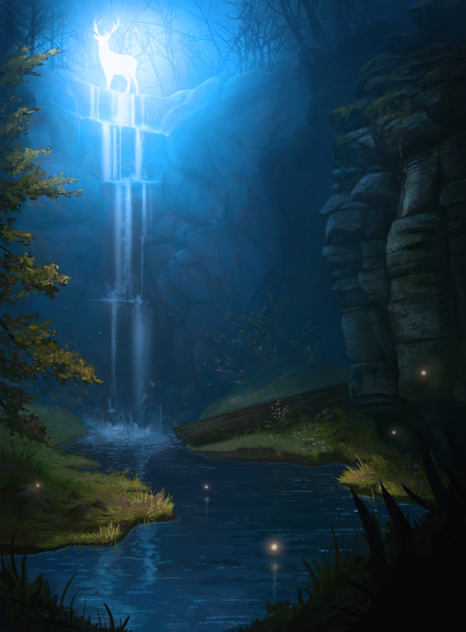 waterfall, art, glow HD Mobile