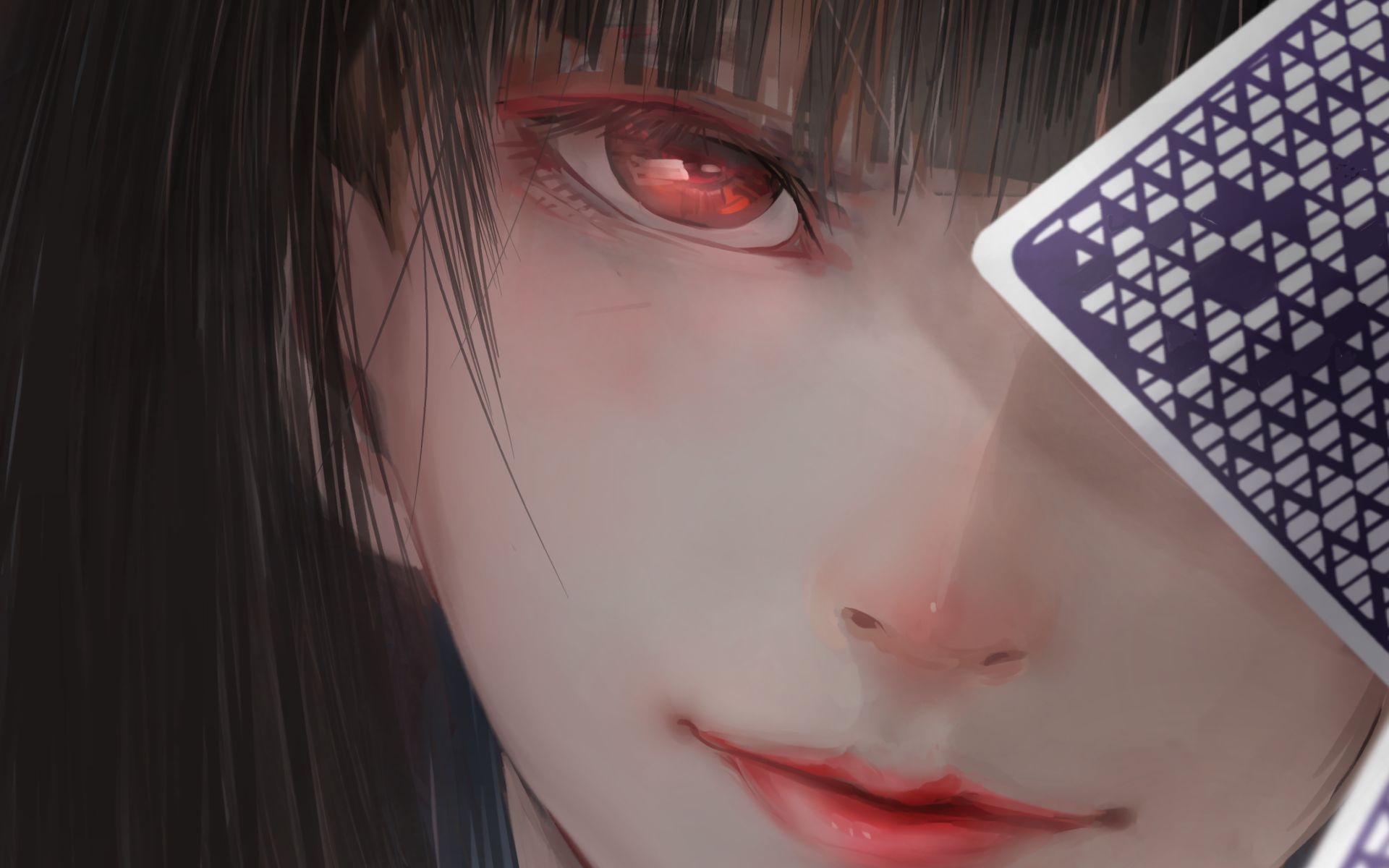 anime, kakegurui, black hair, card, close up, red eyes, yumeko jabami