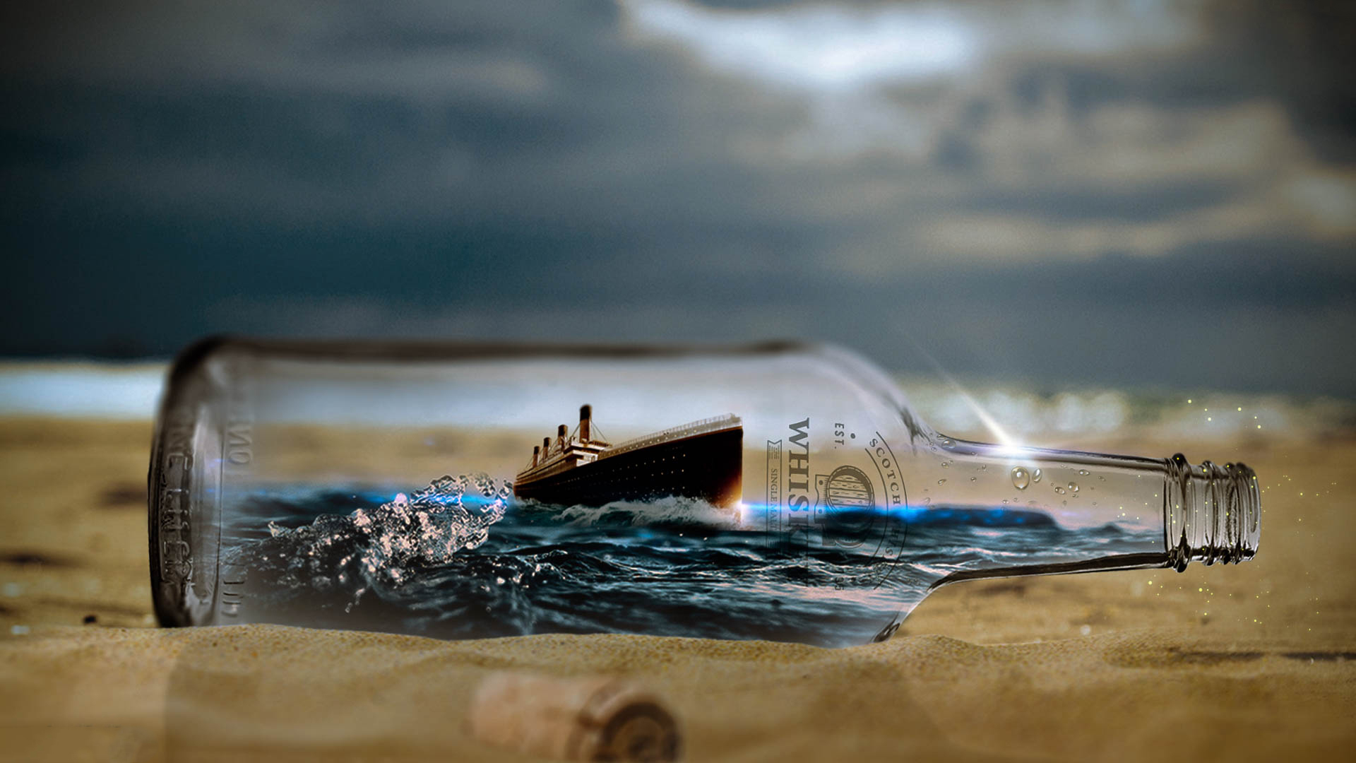 HD desktop wallpaper: Sand, Ship, Photography, Bottle, Manipulation, Titanic  download free picture #873124