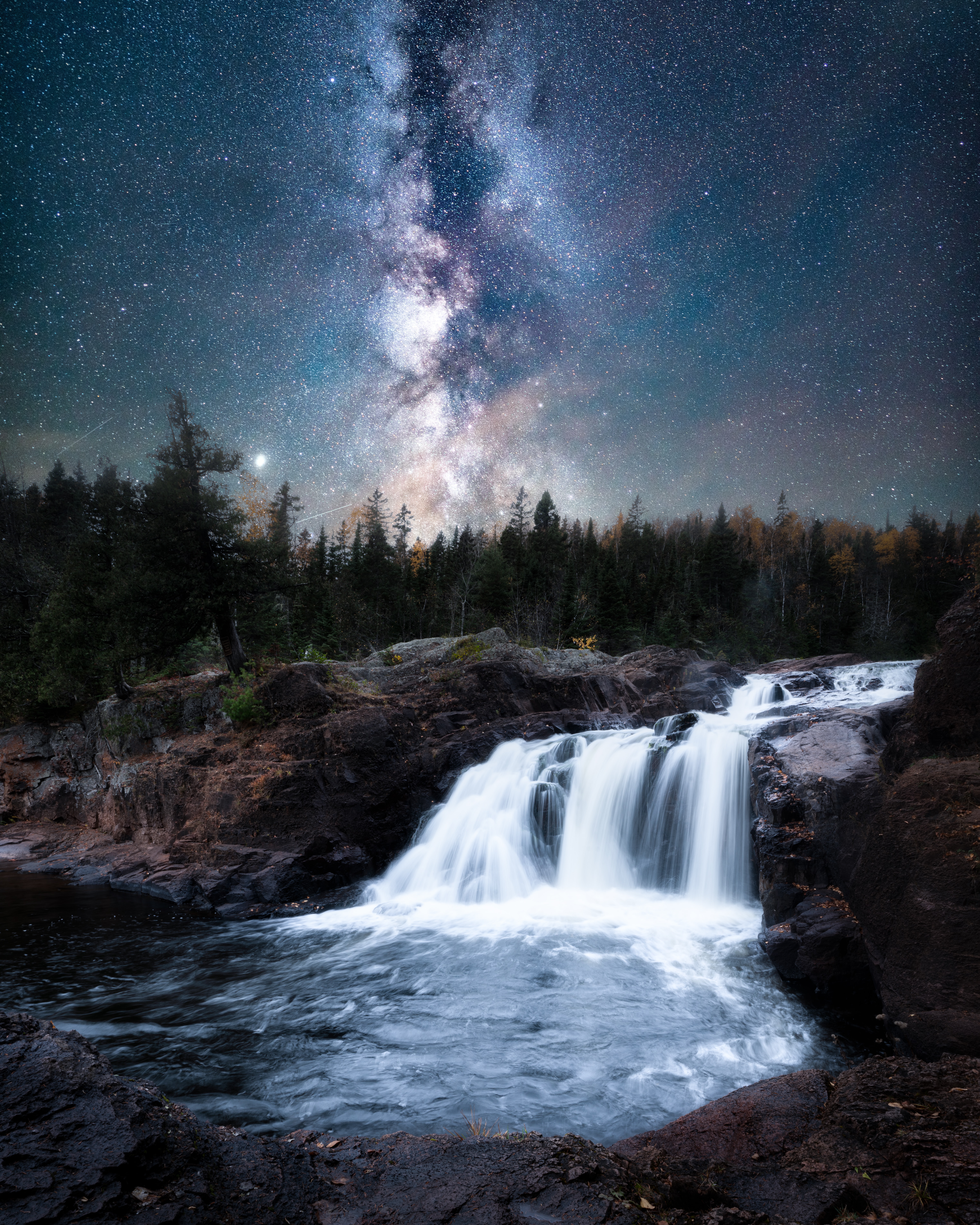 night, landscape, stars, waterfall 3d Wallpaper