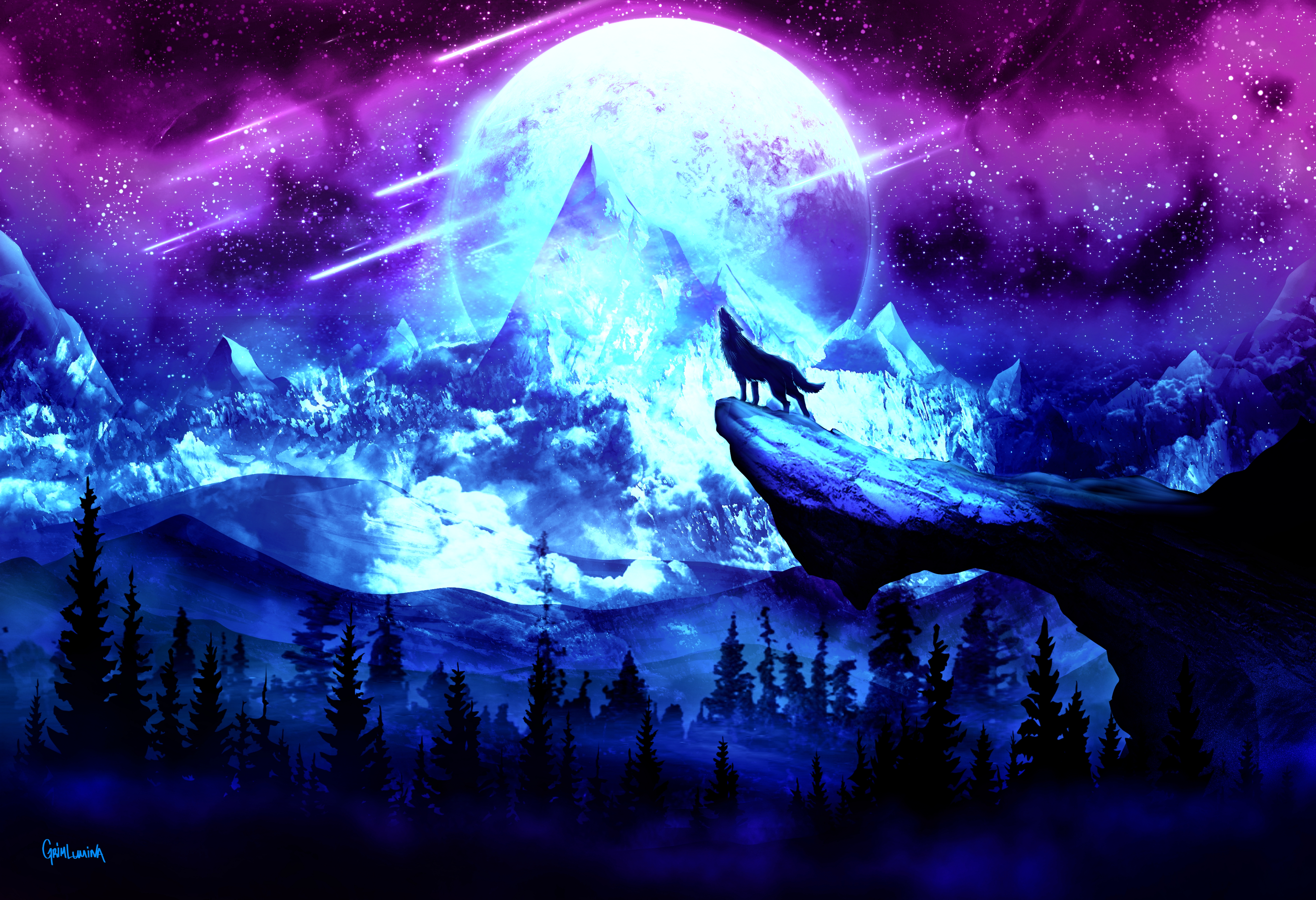 noche, montañas, luna, lobo