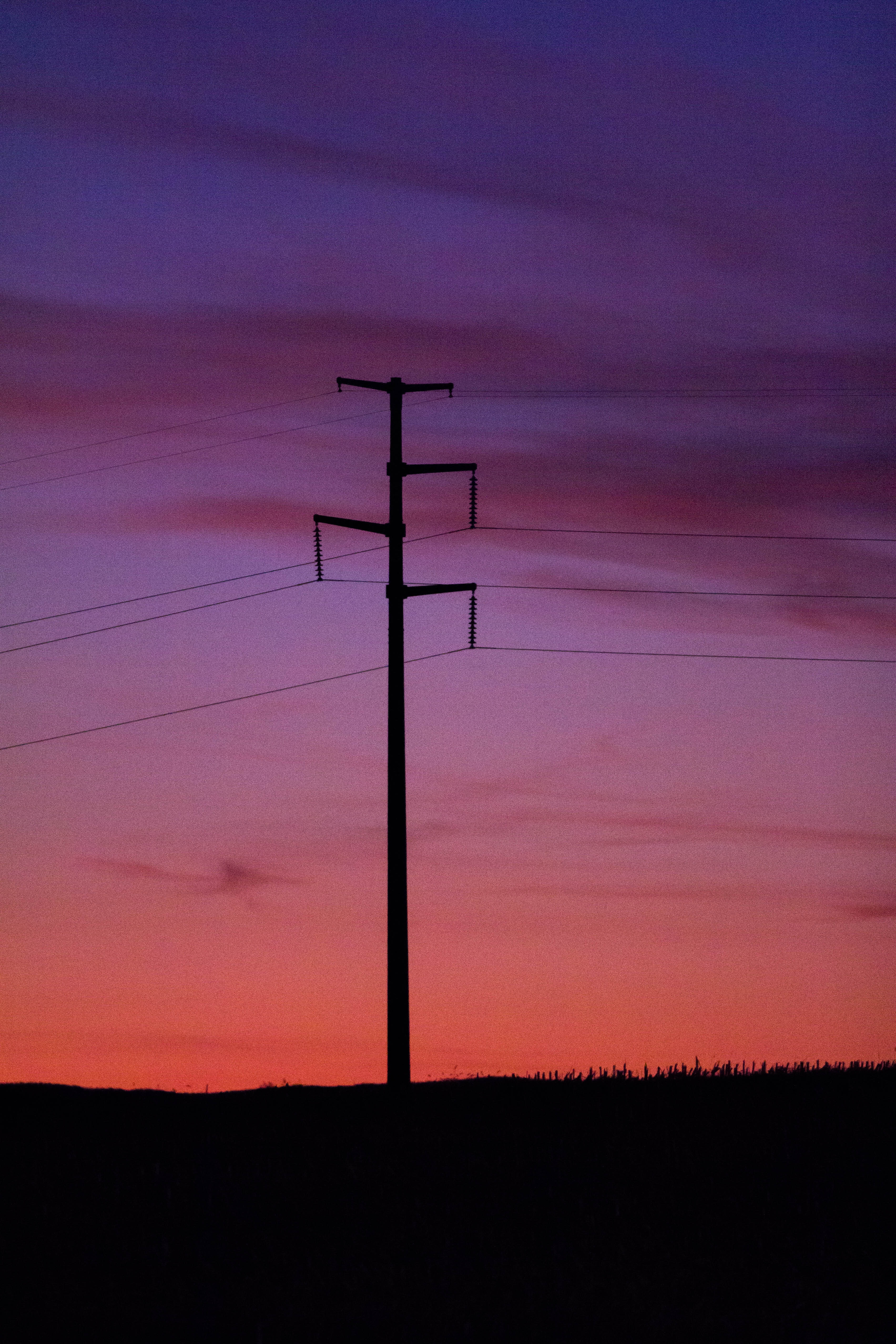 wires, nature, sunset, sky, post, pillar, wire Phone Background