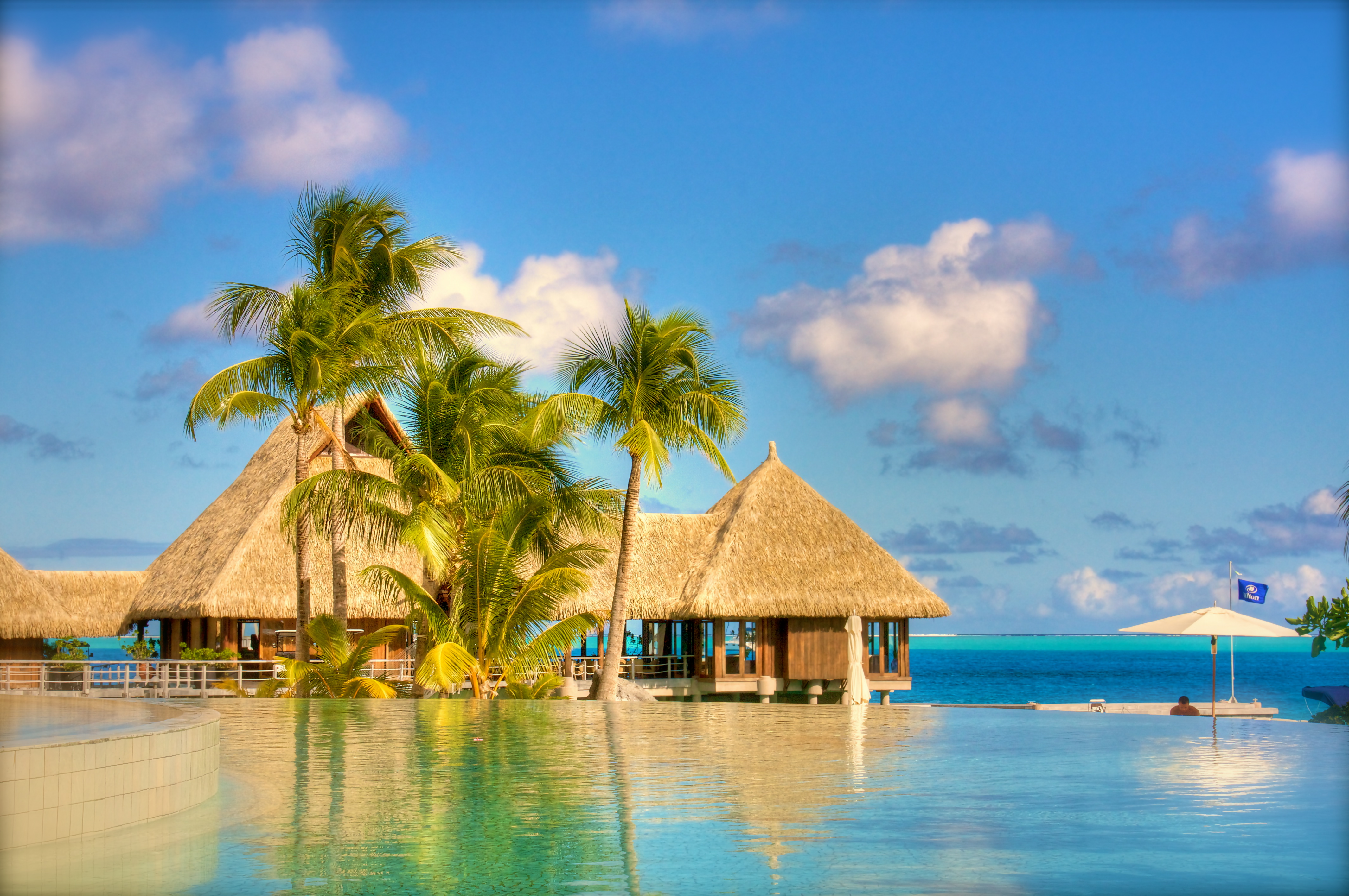 bungalow, resort, palm tree, man made, beach, tropical phone wallpaper