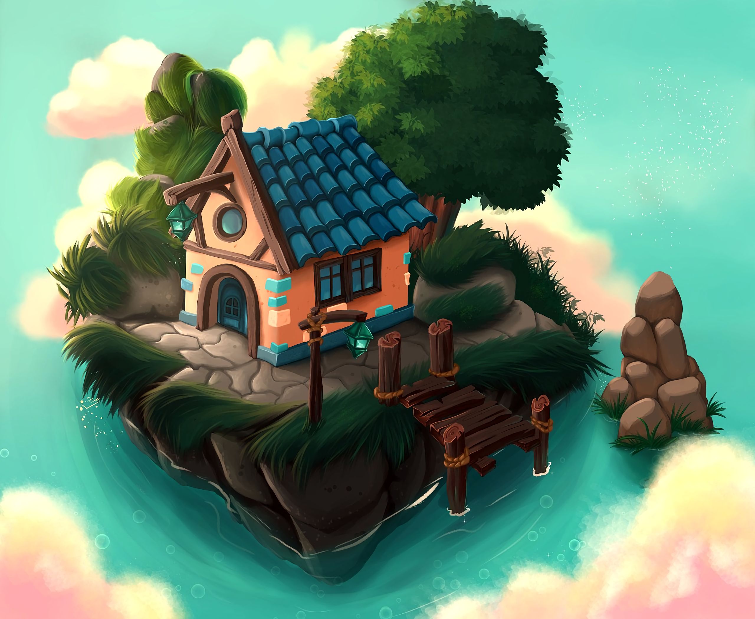 android art, sea, small house, lodge, island